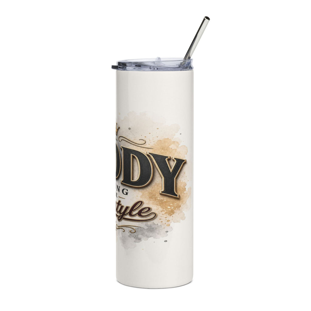 White tumbler with a straw and "MY BODY MY STYLE" text design.