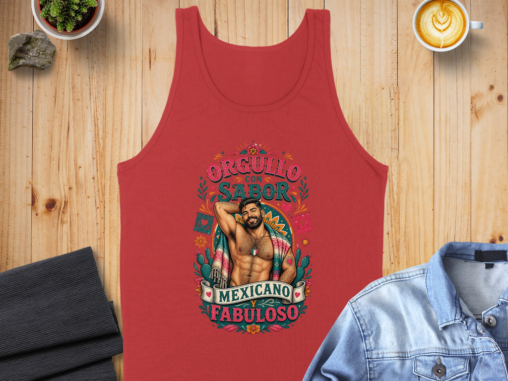 Red tank top with colorful "Orgullo con Sabor Mexicano Fabuloso" text and man illustration.