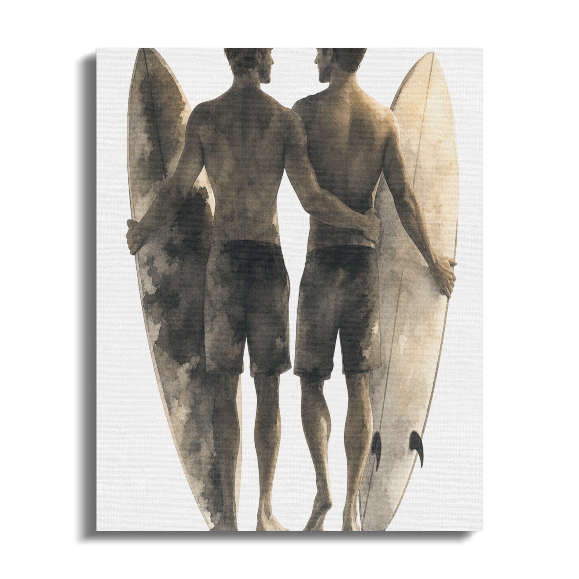 Two men with surfboards stand with arms around each other.