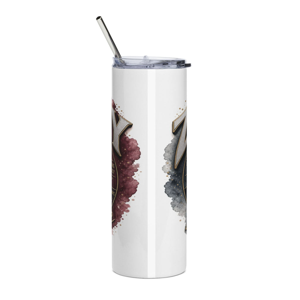 White tumbler with metallic letters and watercolor ink design, including a straw.