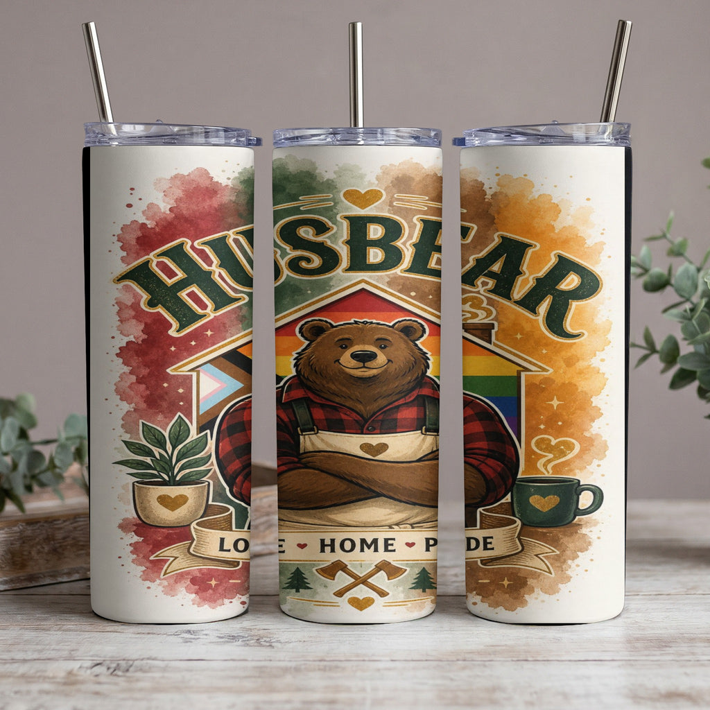 Bear in overalls with "Hisbear" text, rainbow house, and plants.