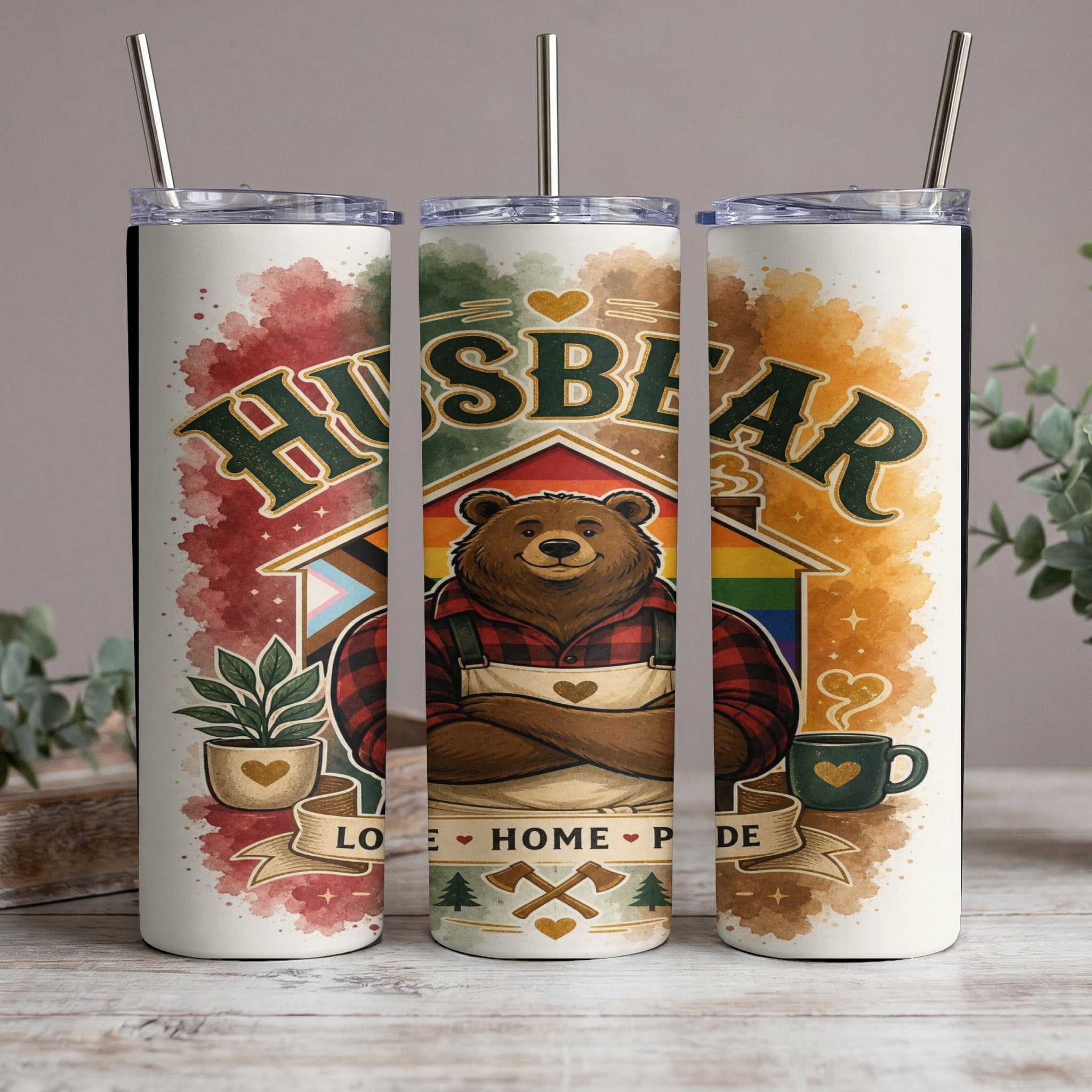 Bear in overalls with "Hisbear" text, rainbow house, and plants.