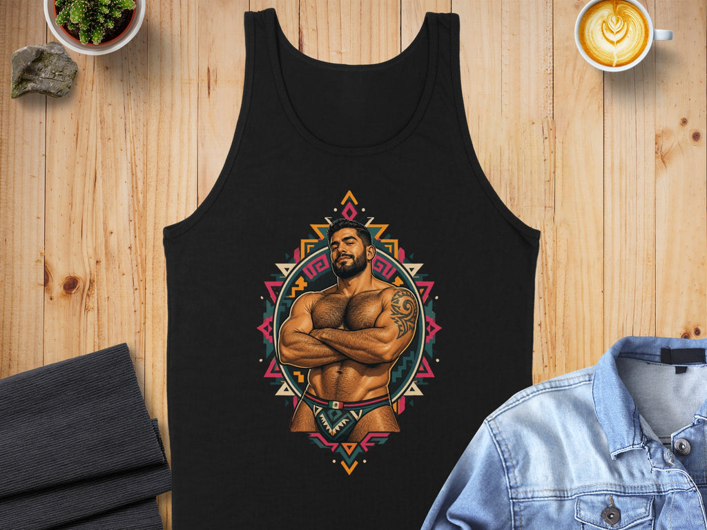 Black tank top with a graphic of a muscular man in a colorful geometric pattern.