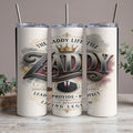 Tumbler with "ZADDY" text, crown, suit icon, and leadership words.