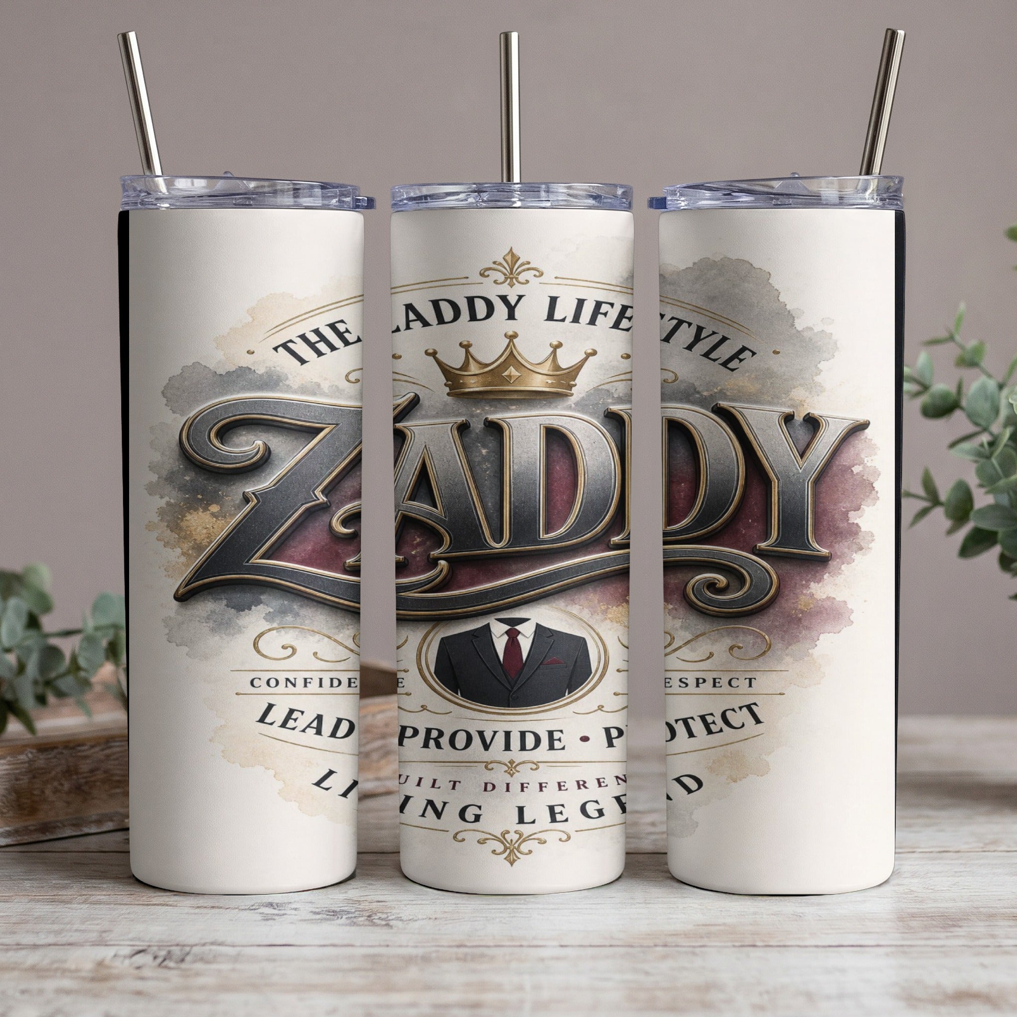 Tumbler with "ZADDY" text, crown, suit icon, and leadership words.