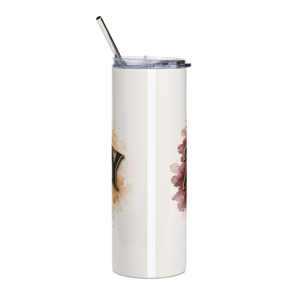 White tumbler with gold-edged black initial "Y" and watercolor splatters.