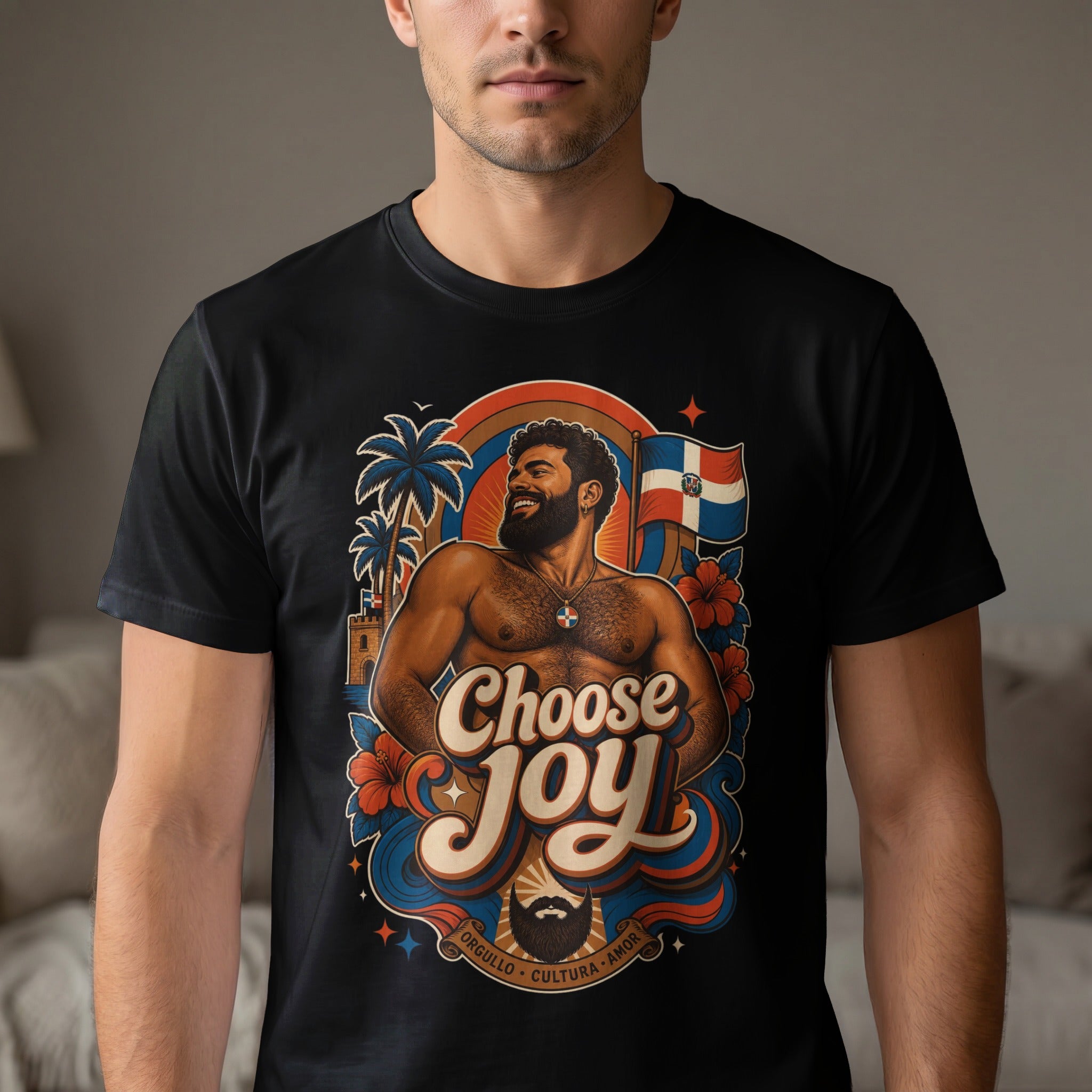 T-shirt graphic with "Choose Joy" text, a man, Dominican flag, and tropical elements.
