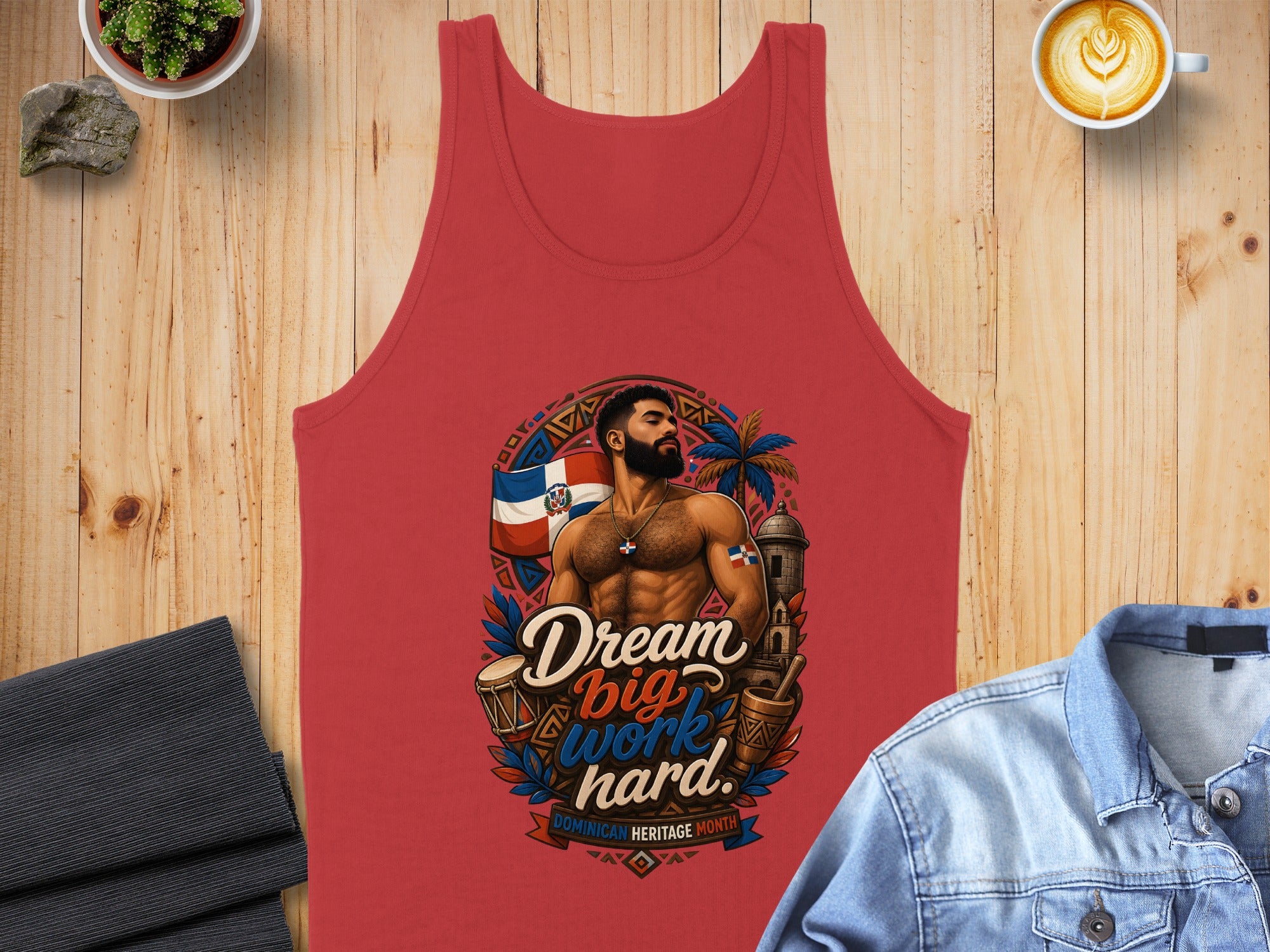 Red tank top with "Dream big work hard" and Dominican flag design.