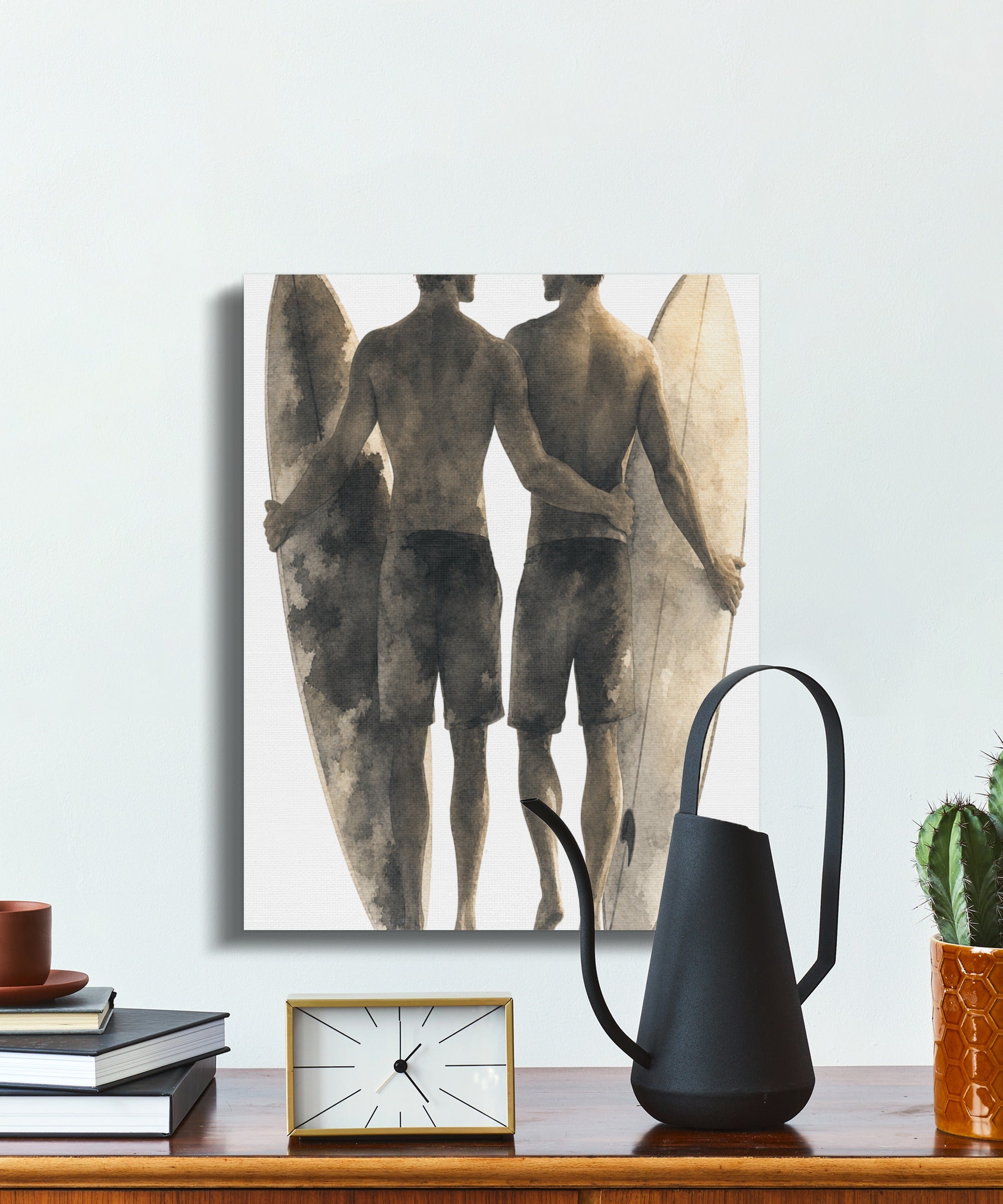 Watercolor painting of two men with surfboards on a white background.