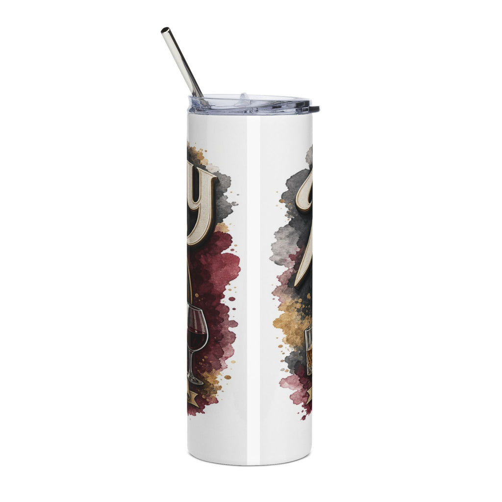 White tumbler with straw, featuring watercolor wine and whiskey designs.