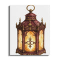 Watercolor illustration of a gothic-style lantern with ornate metalwork and illuminated glass panels.