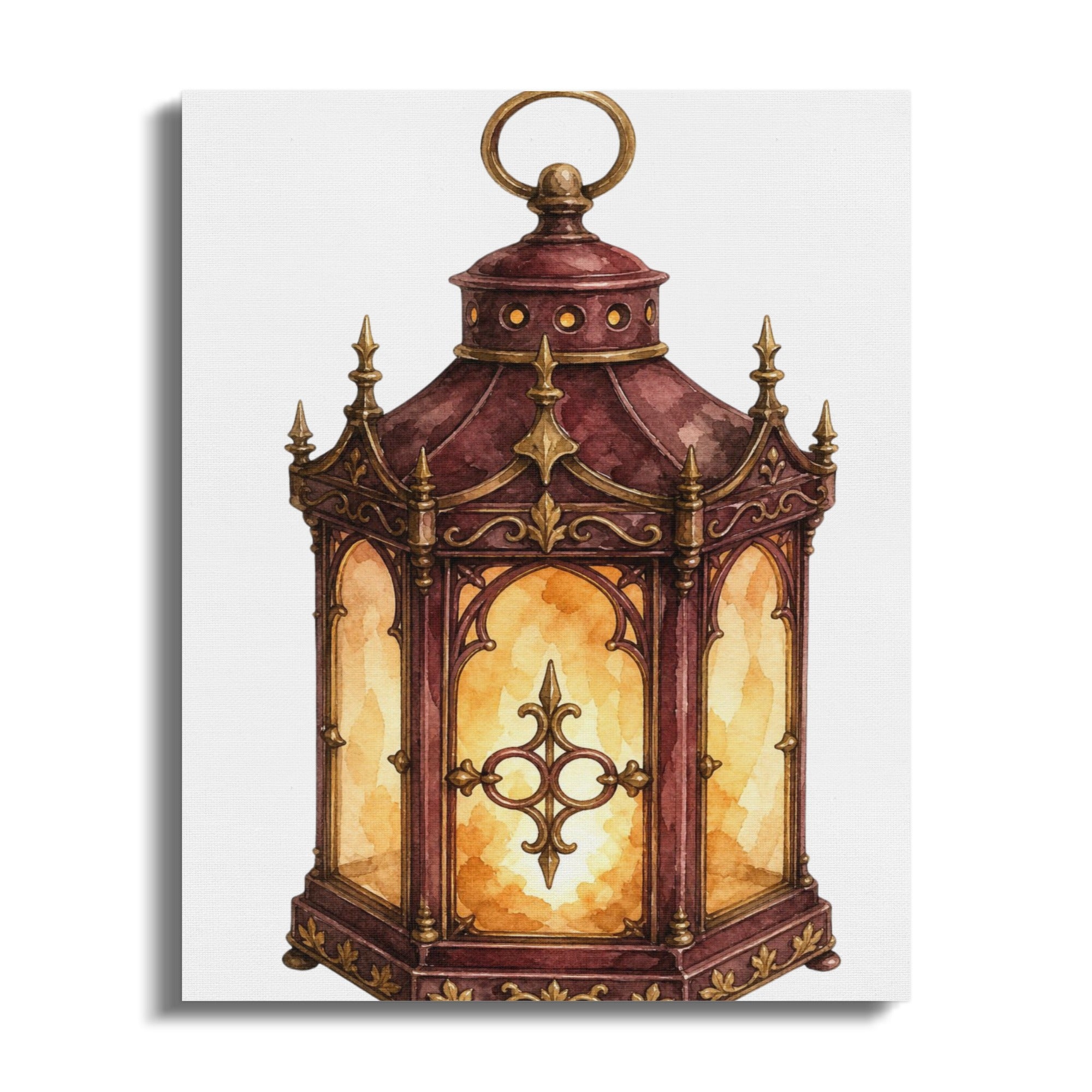 Watercolor illustration of a gothic-style lantern with ornate metalwork and illuminated glass panels.