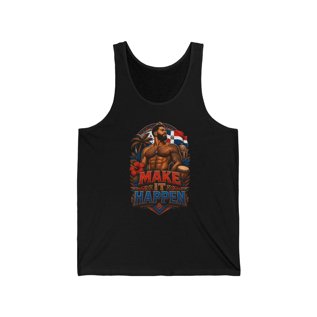 Black tank top with "Make It Happen" text and Dominican Republic flag imagery.