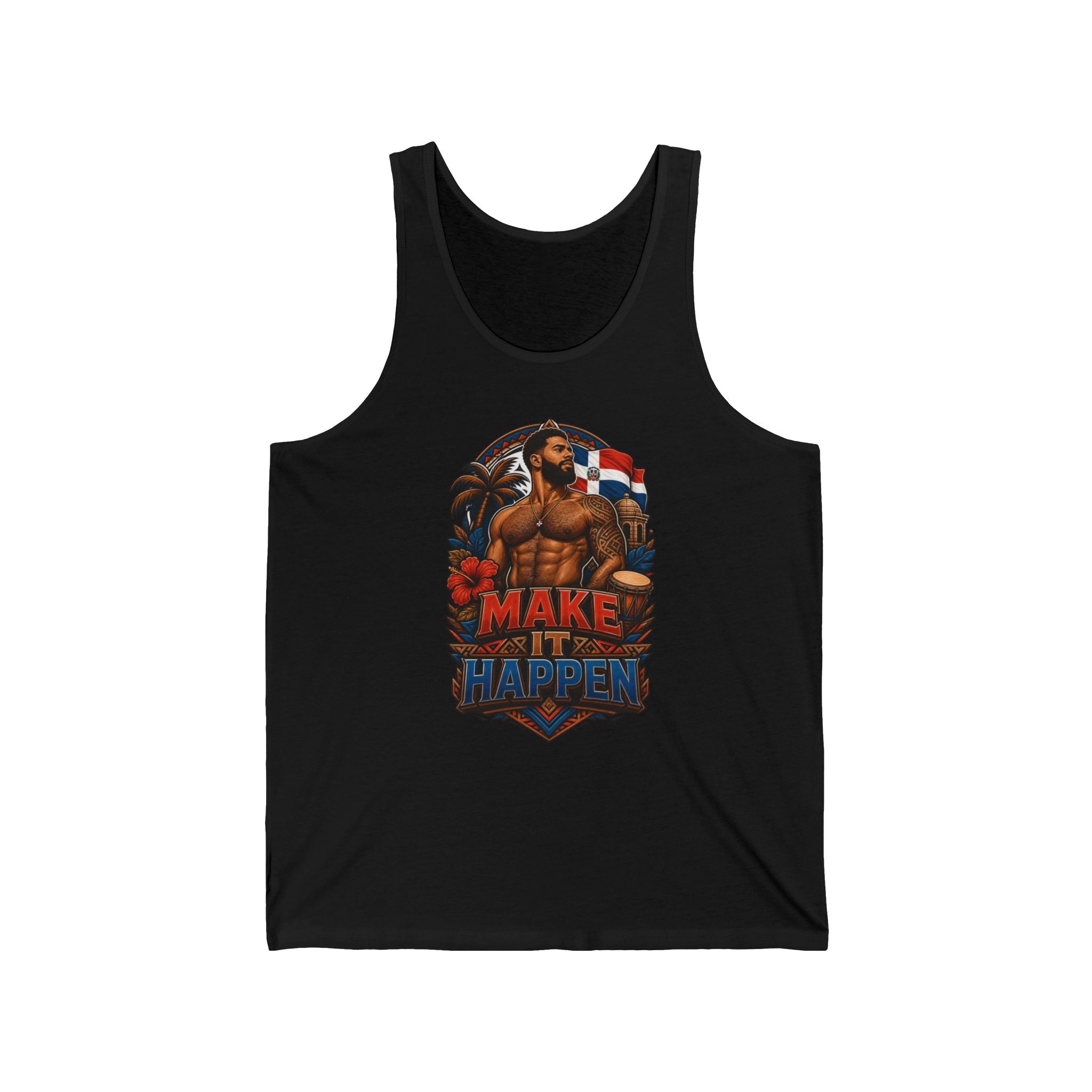 Black tank top with "Make It Happen" text and Dominican Republic flag imagery.