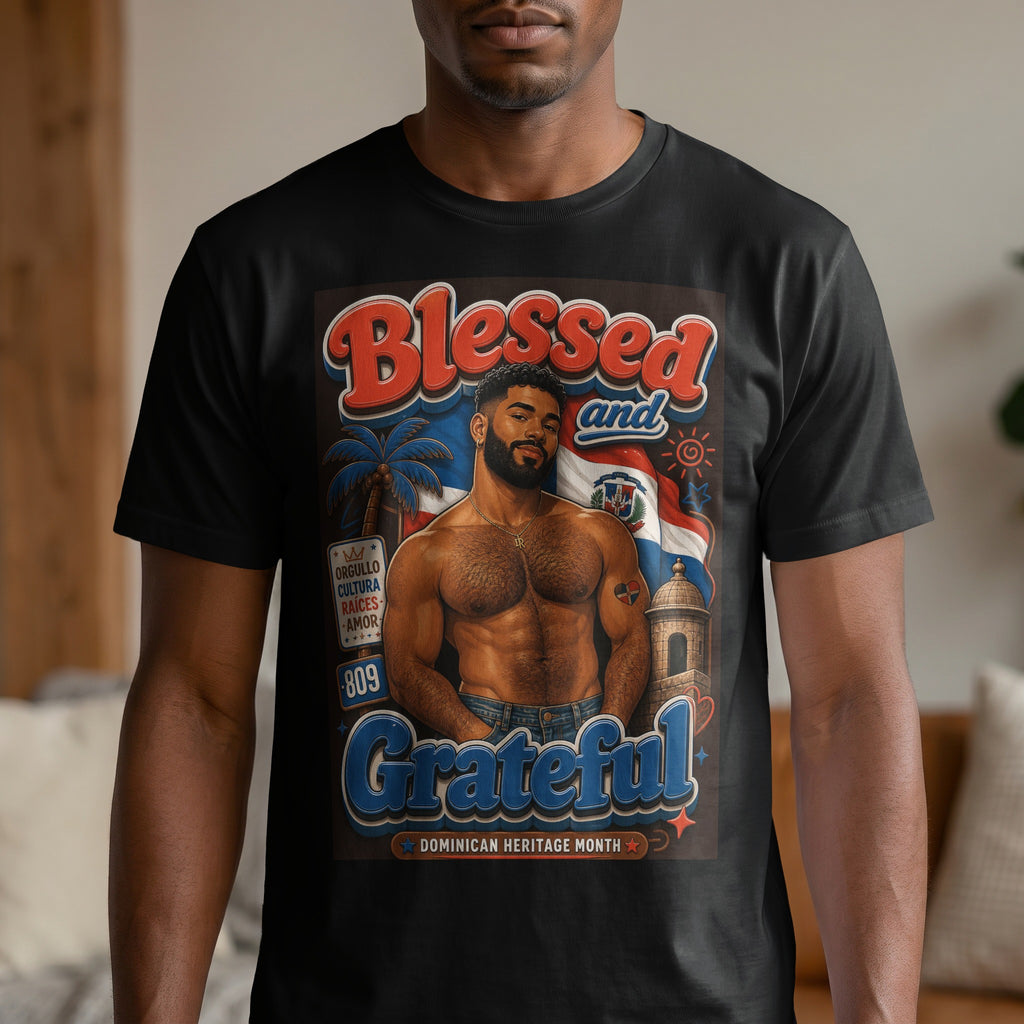 Man in black t-shirt with graphic of shirtless man, Dominican flag, and "Blessed and Grateful."