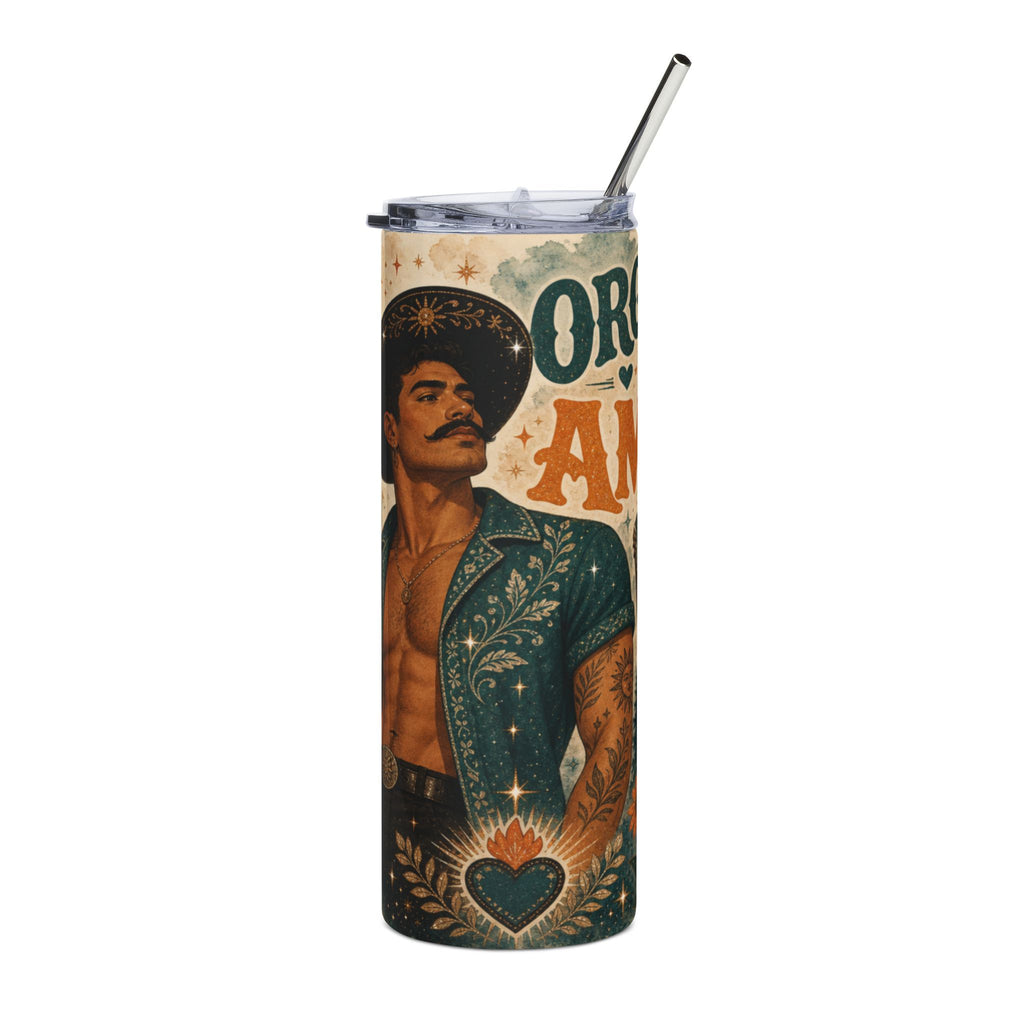 Tumbler with cowboy illustration and text "ORANGE AND".