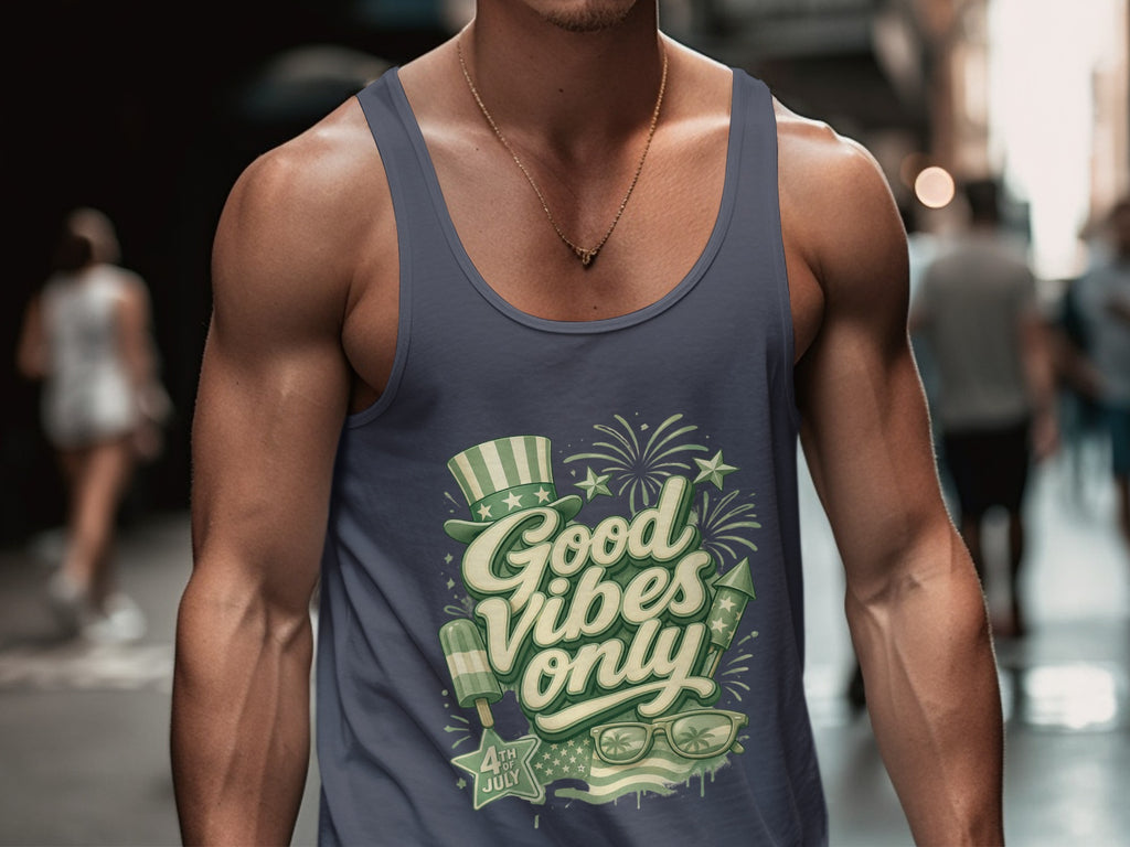 Graphic print with patriotic elements and "Good Vibes Only" text on a dark blue tank top.
