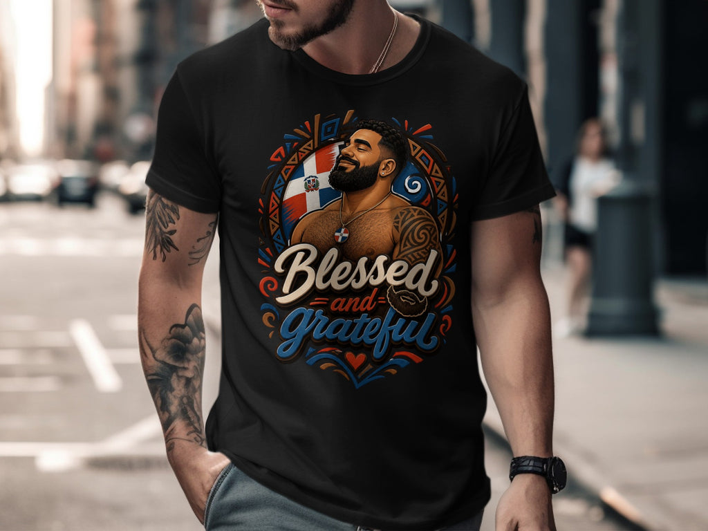 Man wearing black t-shirt with Dominican Republic flag and "Blessed and Grateful" graphic.