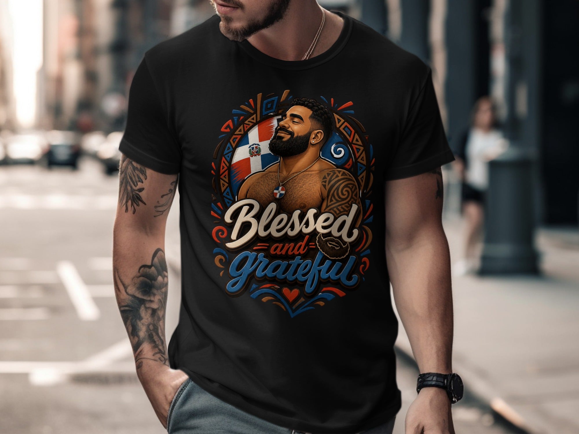 Man wearing black t-shirt with Dominican Republic flag and "Blessed and Grateful" graphic.