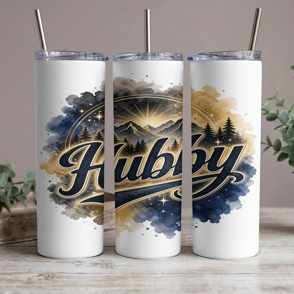 White tumbler with "Hubby" in cursive, mountains, and starry night watercolor design.