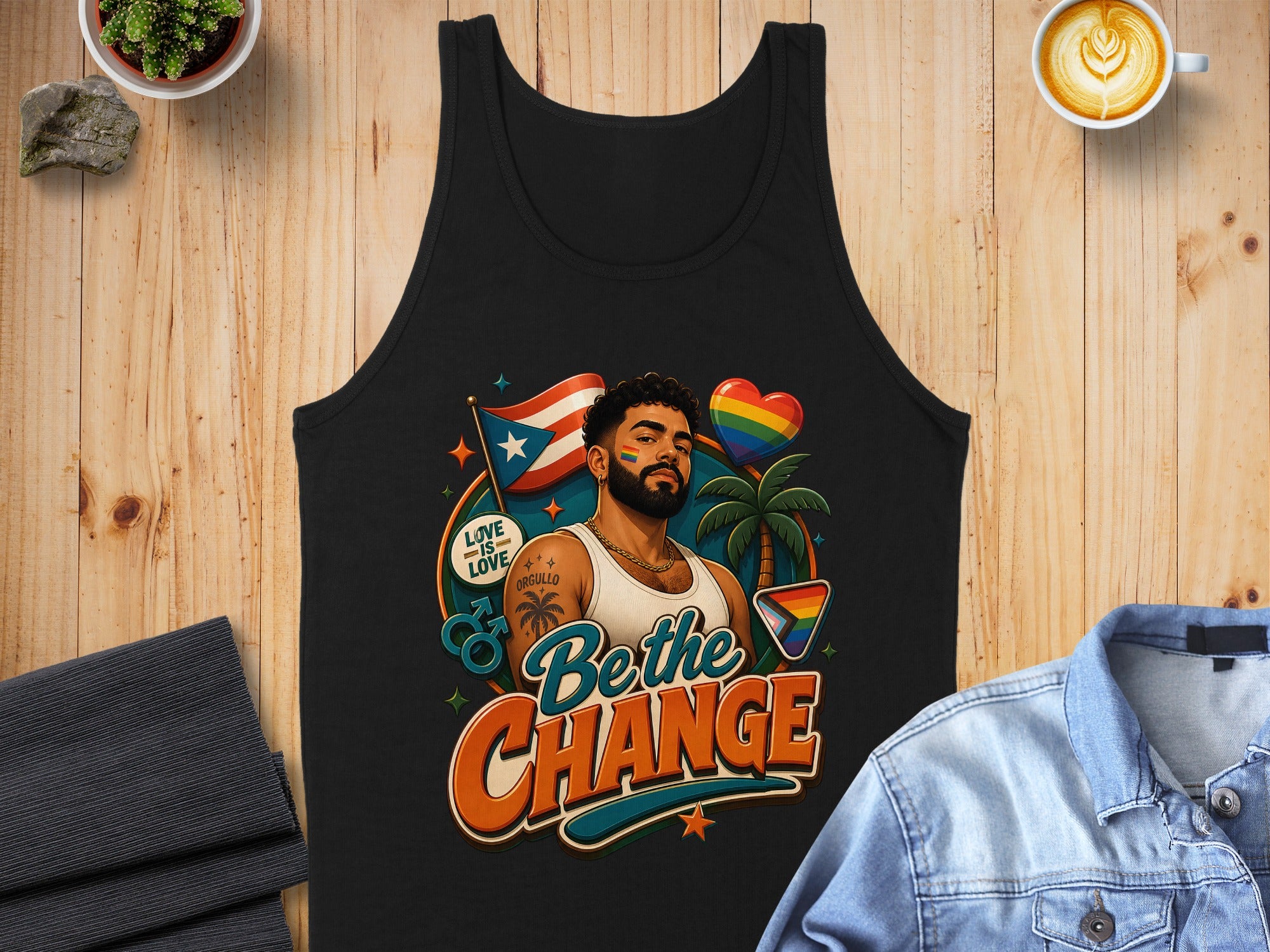 Black tank top with "Love is Love" and LGBTQ+ rainbow pride graphic.