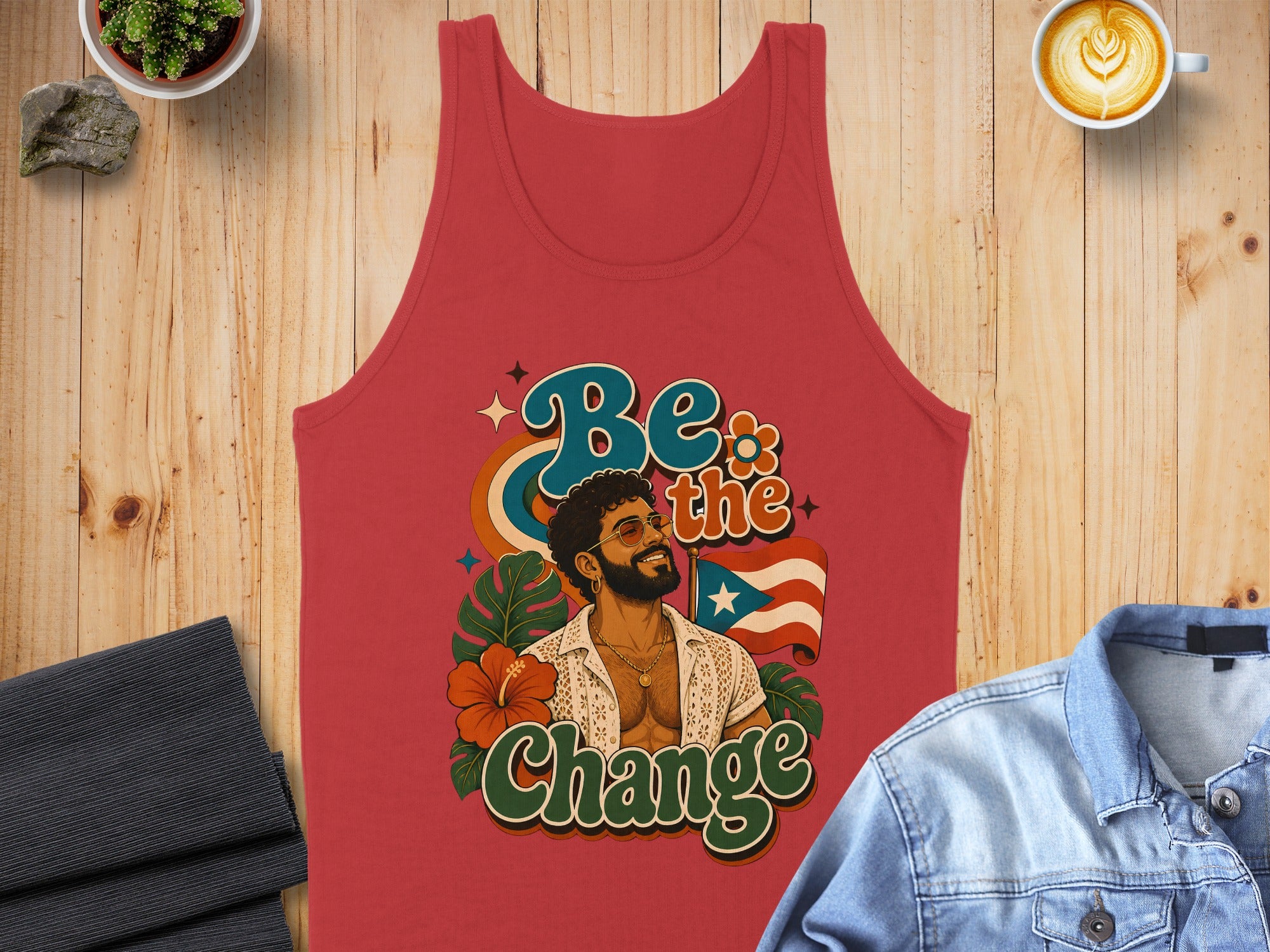 Red tank top with "Be the Change" and a man with sunglasses and flowers.