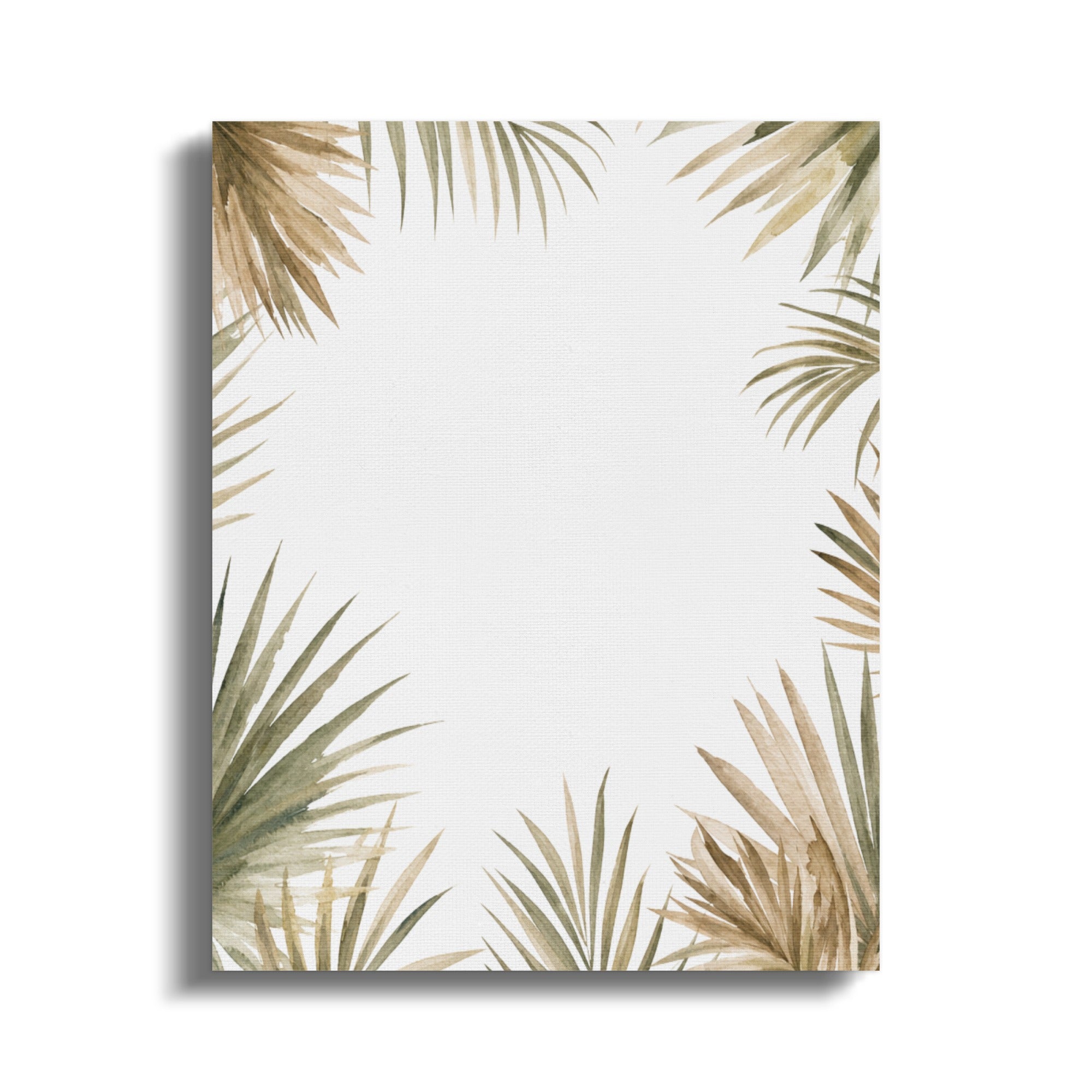 Watercolor palm fronds frame white space on a blank canvas.