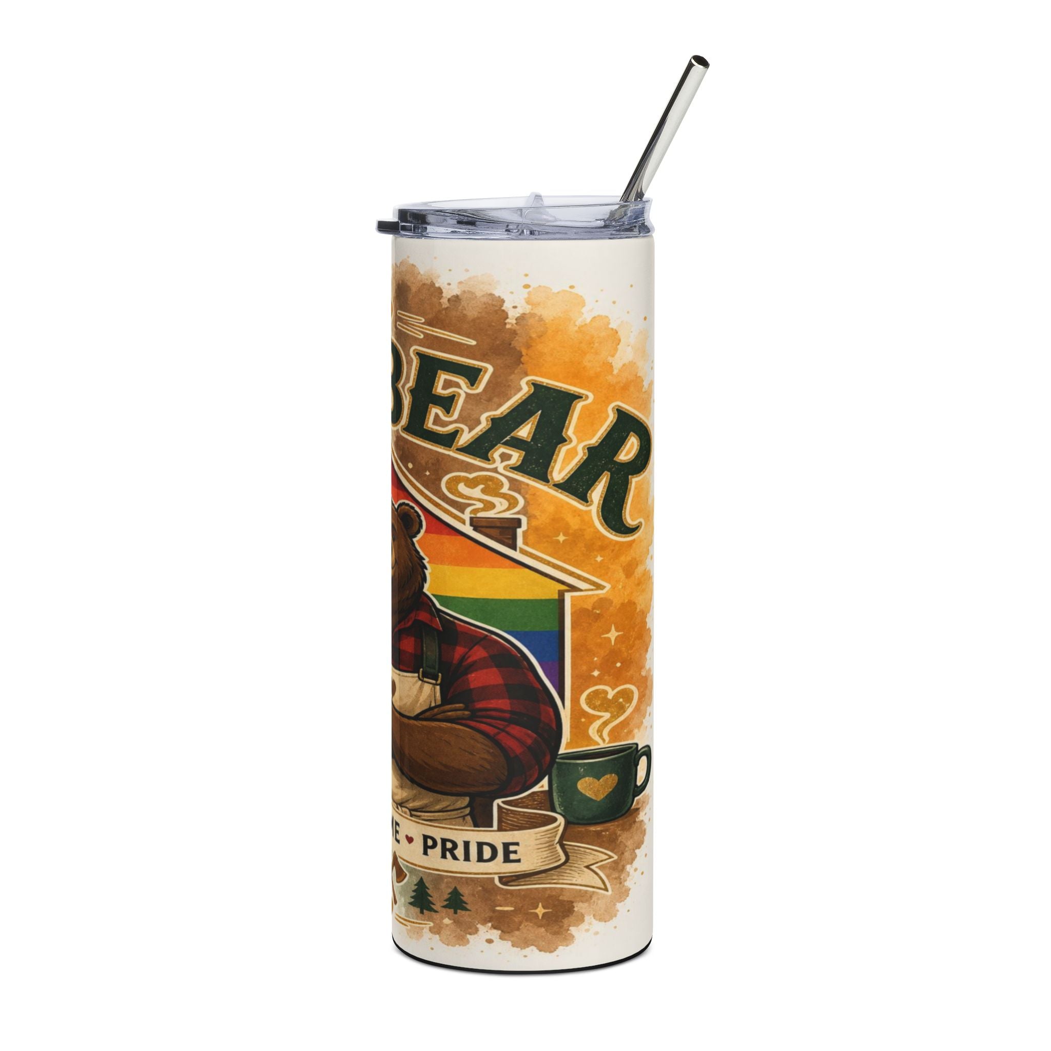 Tumbler with a bear graphic, rainbow house, and the word "PRIDE."