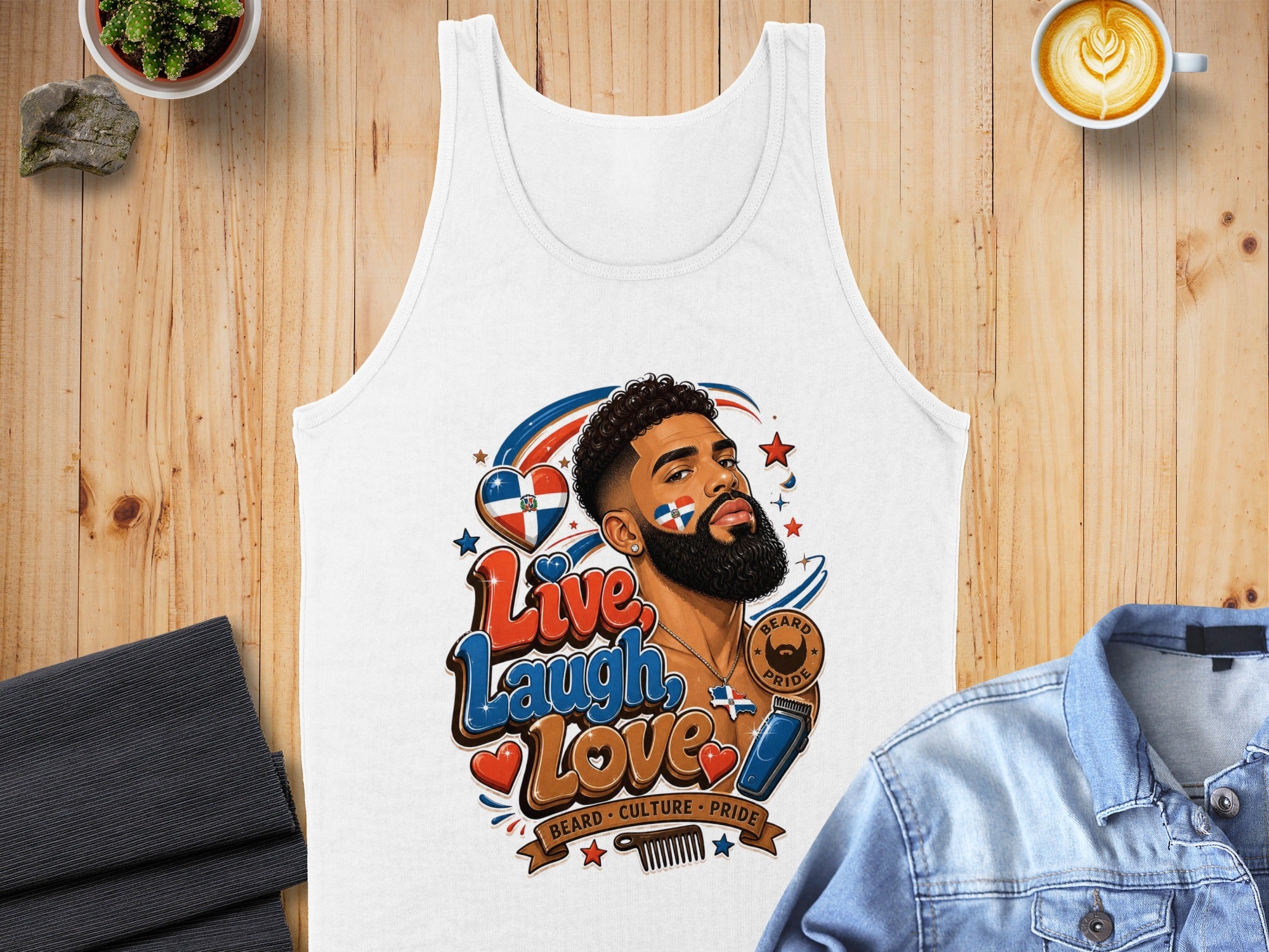 White tank top featuring a man with a beard, Dominican flag, and text "Live Laugh Love Beard Pride".