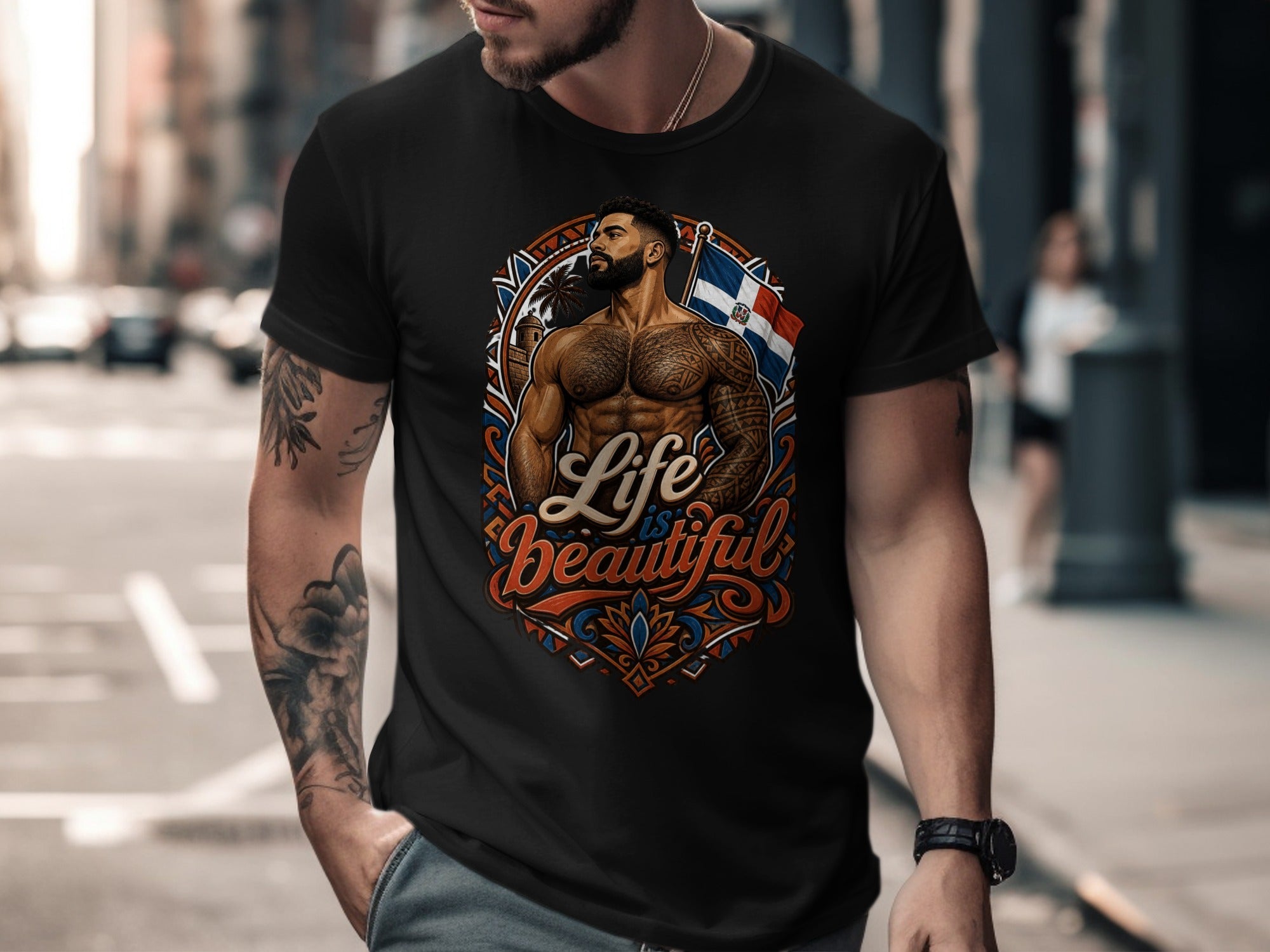 T-shirt with muscular man, Dominican flag, and "Life is Beautiful" text.