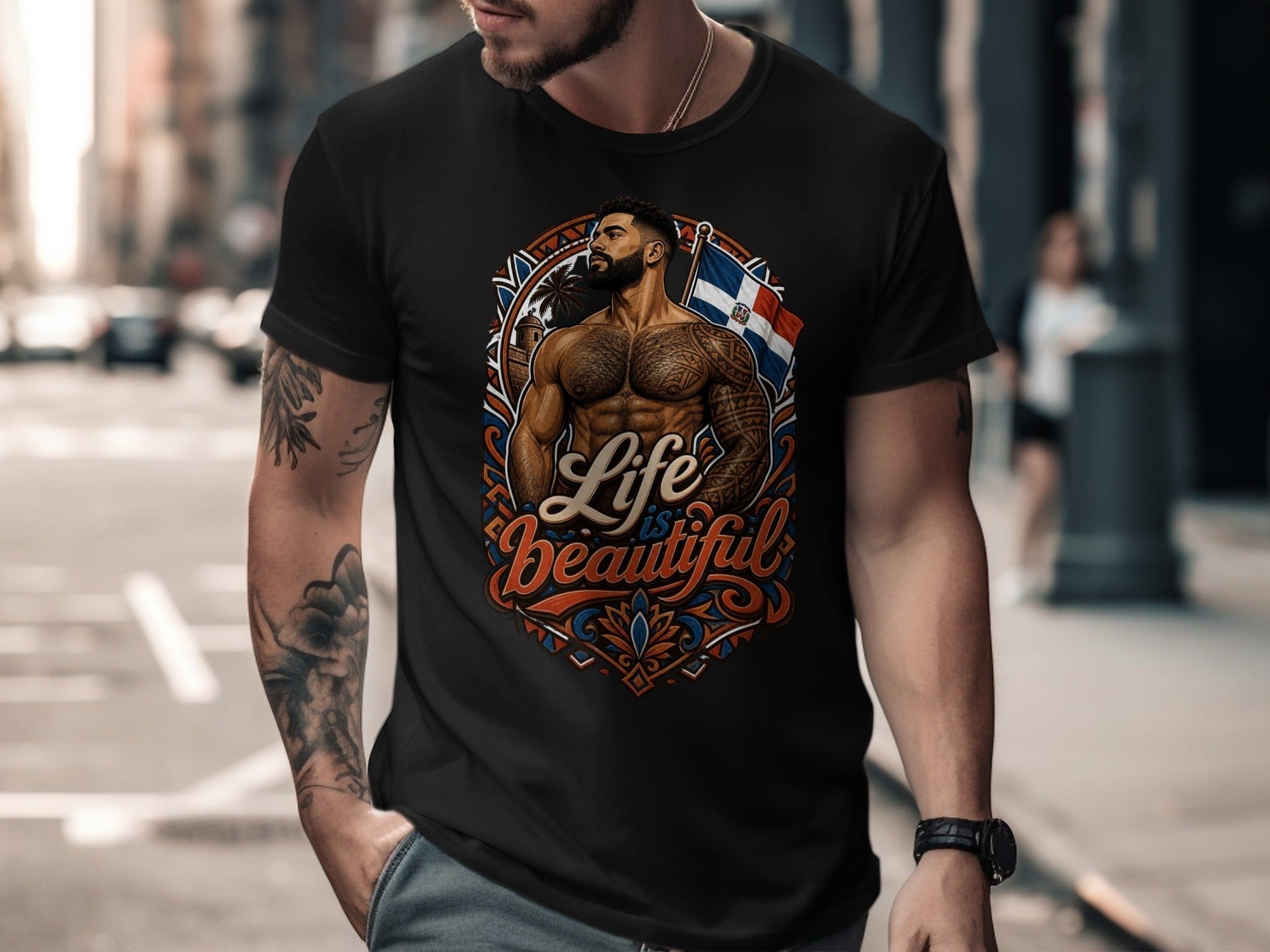 T-shirt with muscular man, Dominican flag, and "Life is Beautiful" text.
