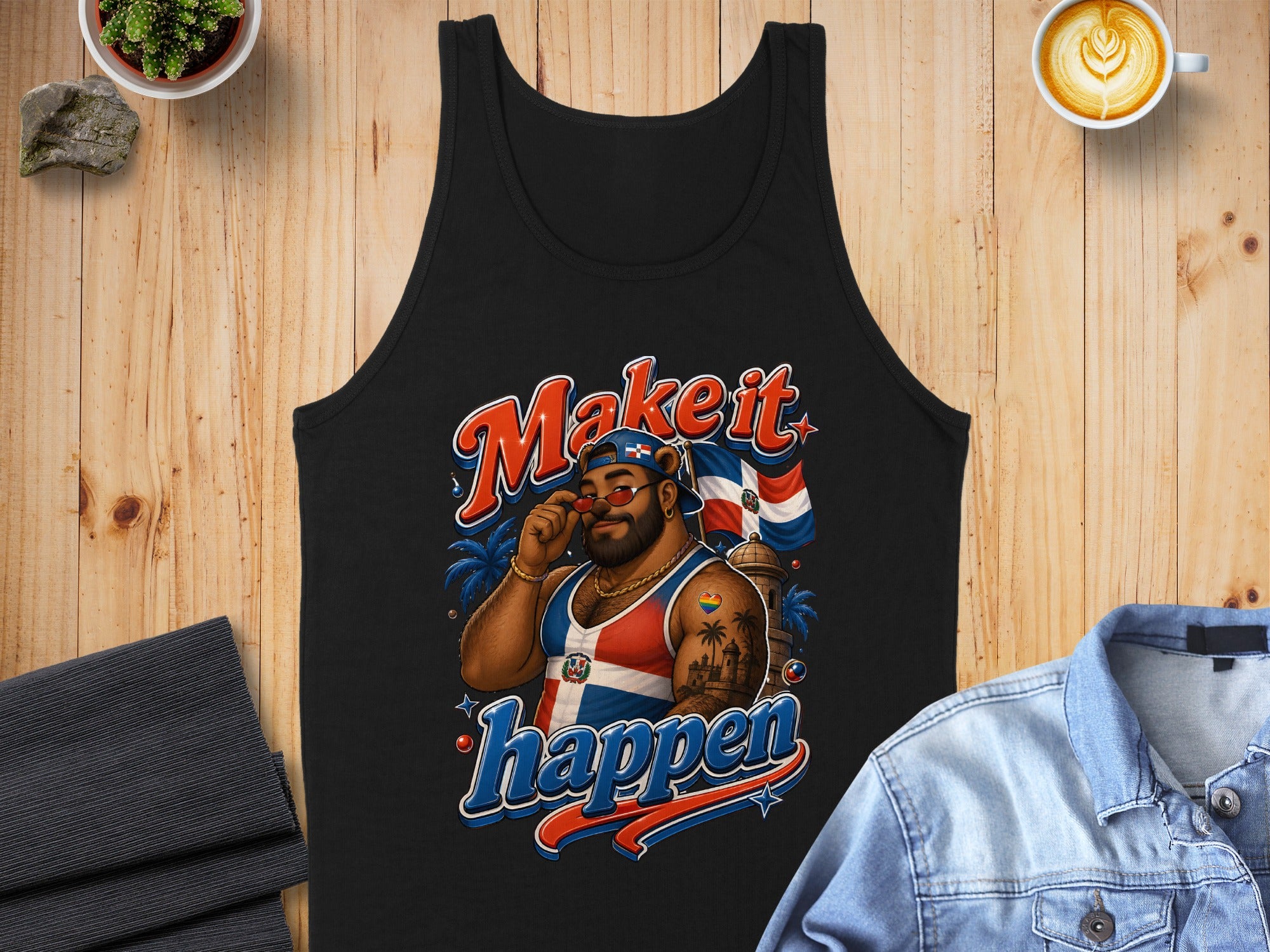 Tank top with "Make it happen" slogan and Dominican Republic flag design.