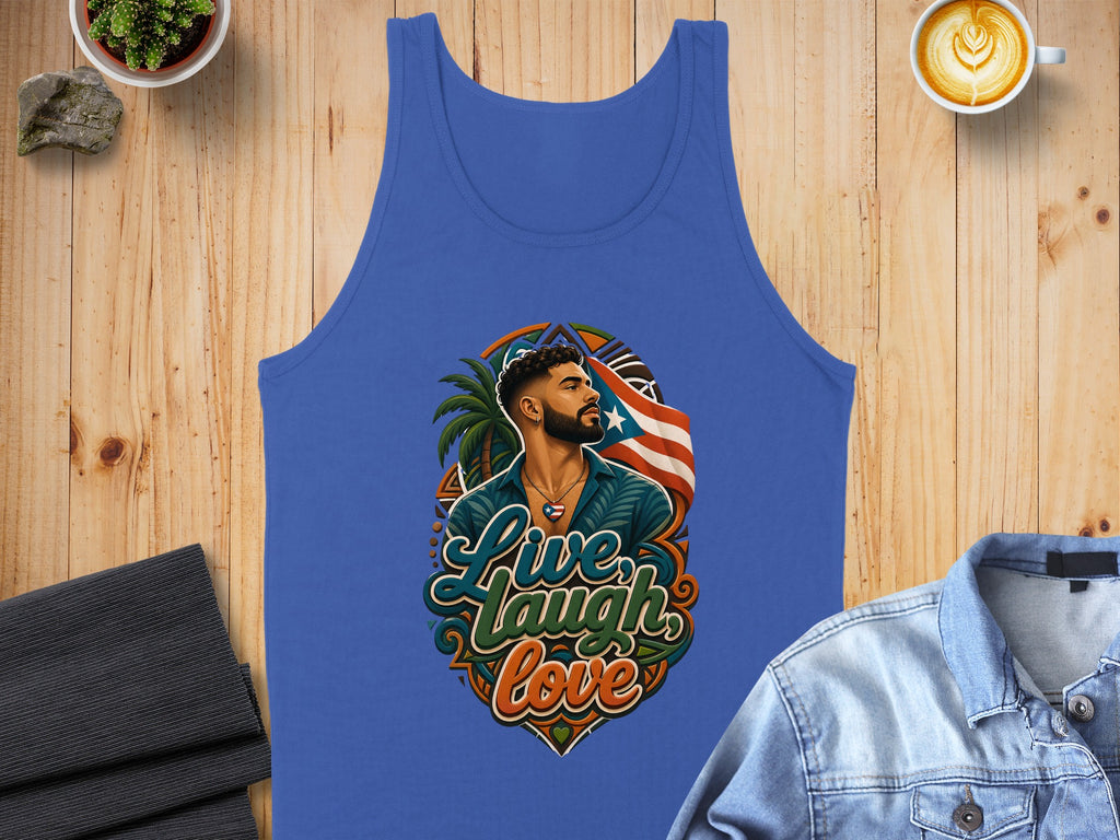 Blue tank top with "Live Laugh Love" and Puerto Rican flag graphic.