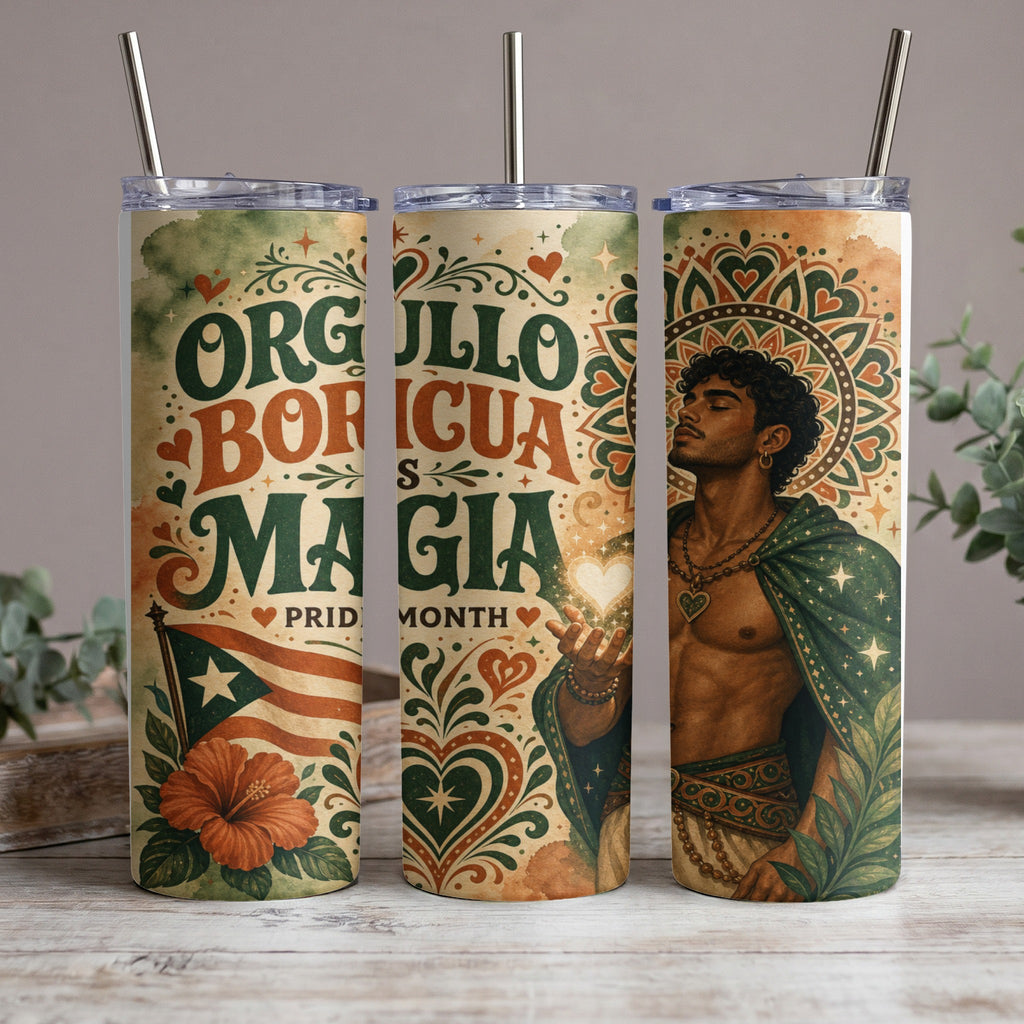 Orgullo Boricua Pride Month tumbler with Puerto Rican flag and artistic figure.