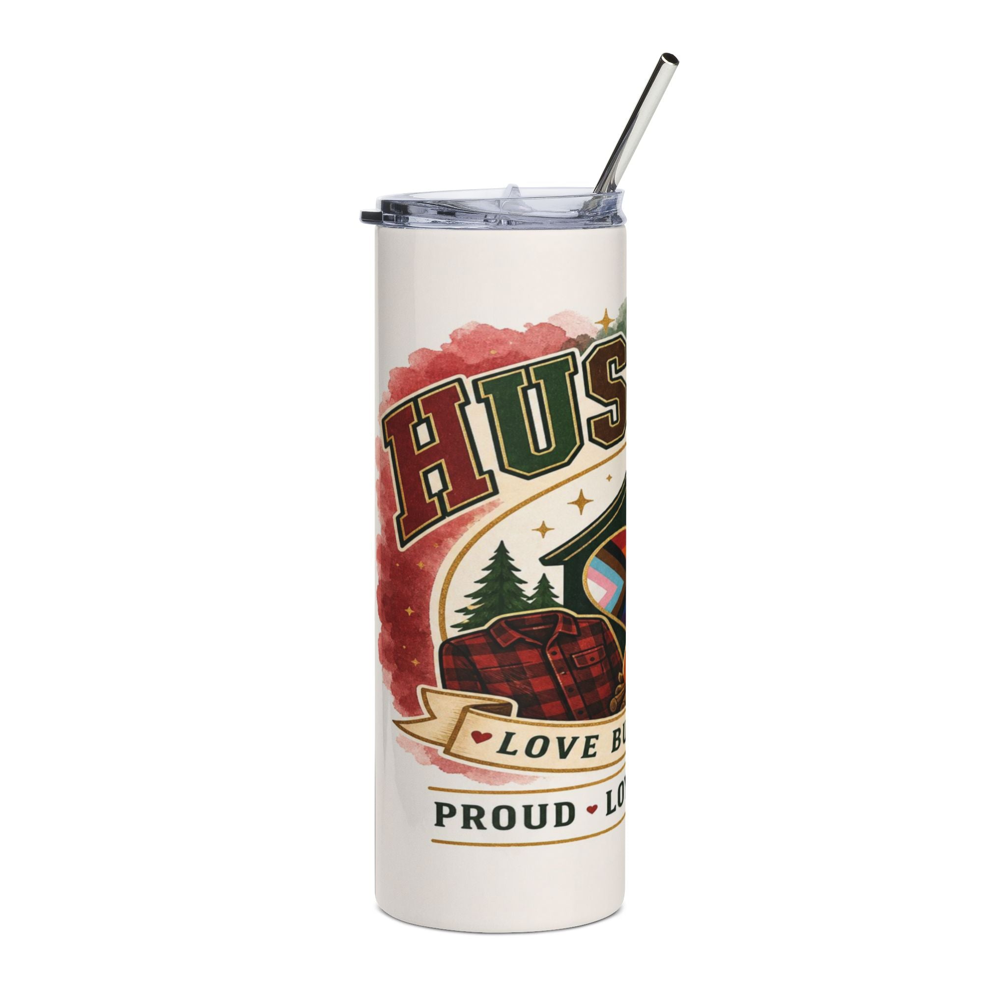 Tumbler with "Husband" text, flannel shirt, trees, and LGBTQ+ pride flag.