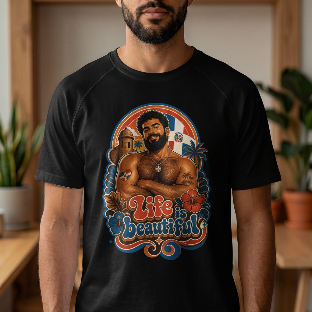 Dominican man with crossed arms, "Life is beautiful" text, and tropical imagery.