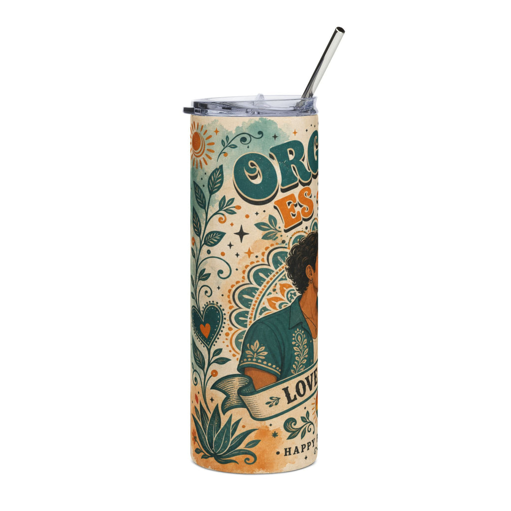 Tall tumbler with decorative floral and sun designs, featuring a portrait and text.