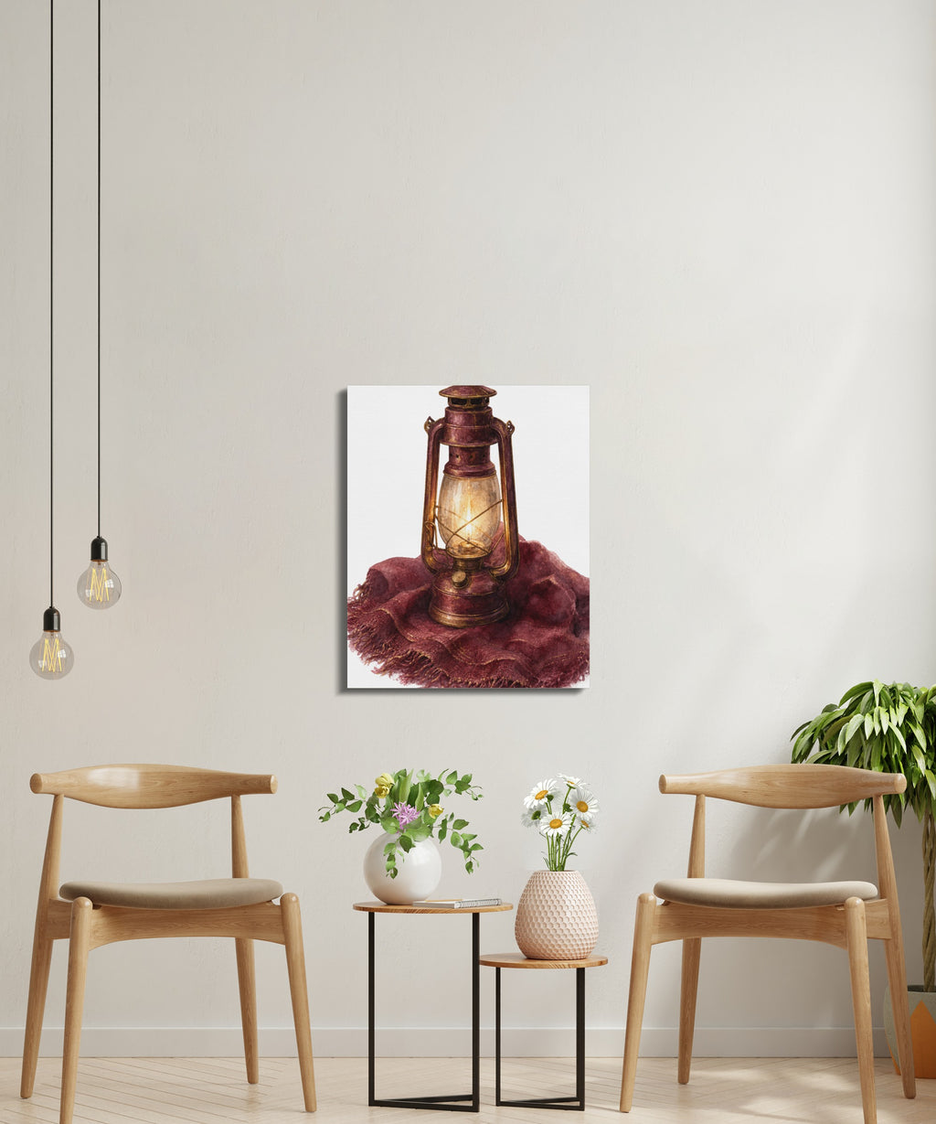 Vintage-style oil lantern with warm light sits on a fringed crimson scarf.