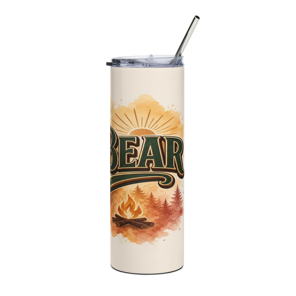 Tumbler with "BEAR" text, sunrise, and campfire scene.