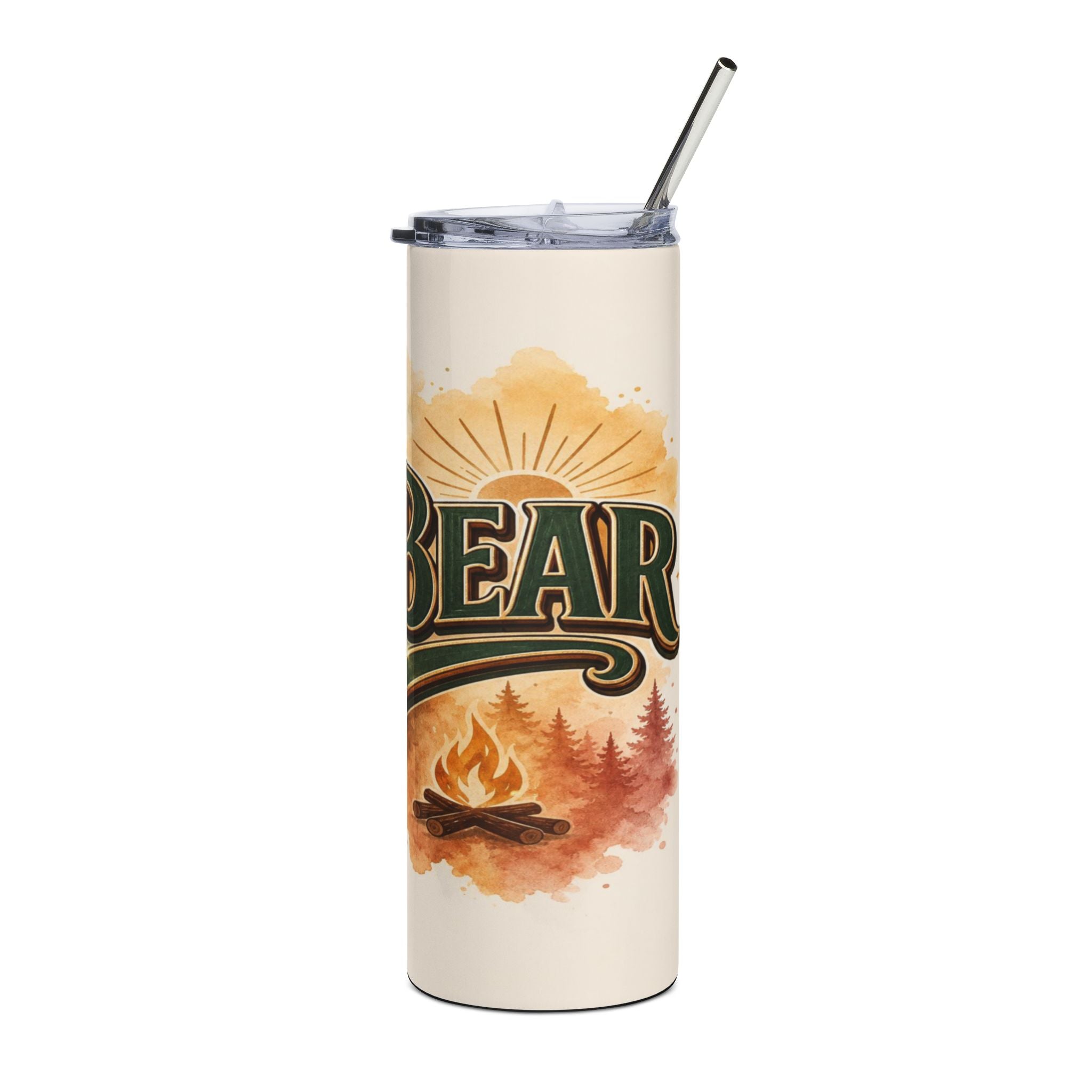 Tumbler with "BEAR" text, sunrise, and campfire scene.