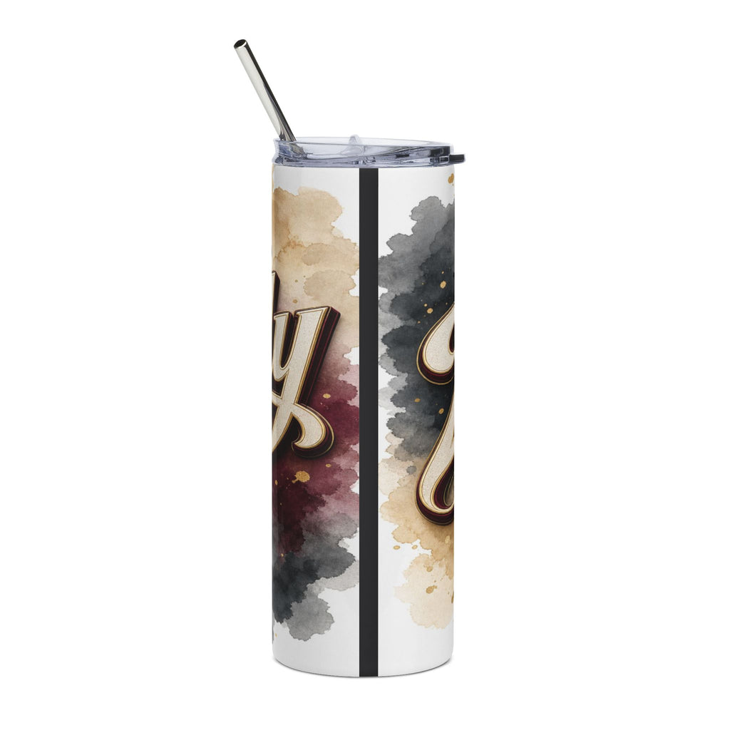 White tumbler with metallic straw and abstract watercolor design with gold lettering.