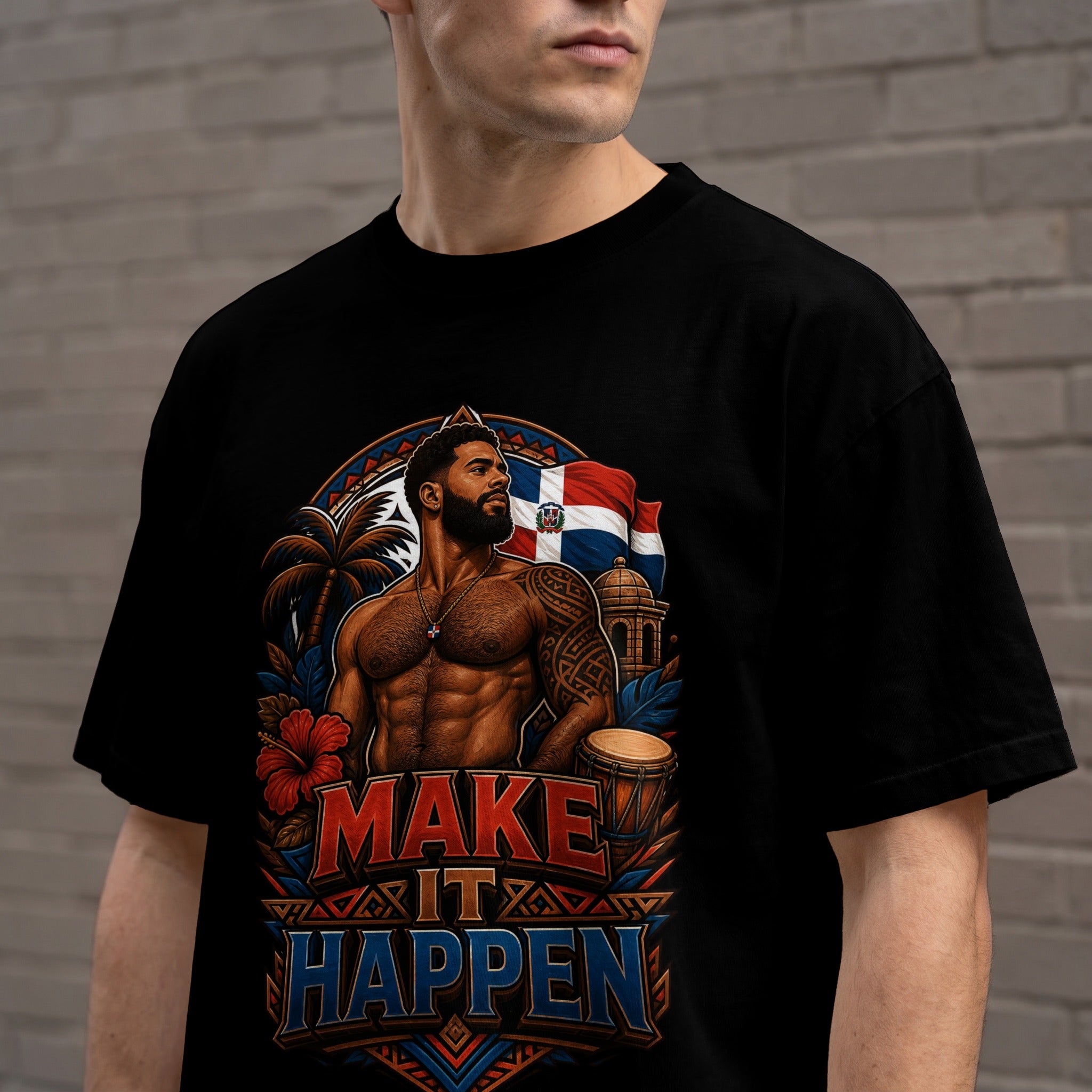 Dominican man wearing a black t-shirt with "Make It Happen" and Dominican flag artwork.