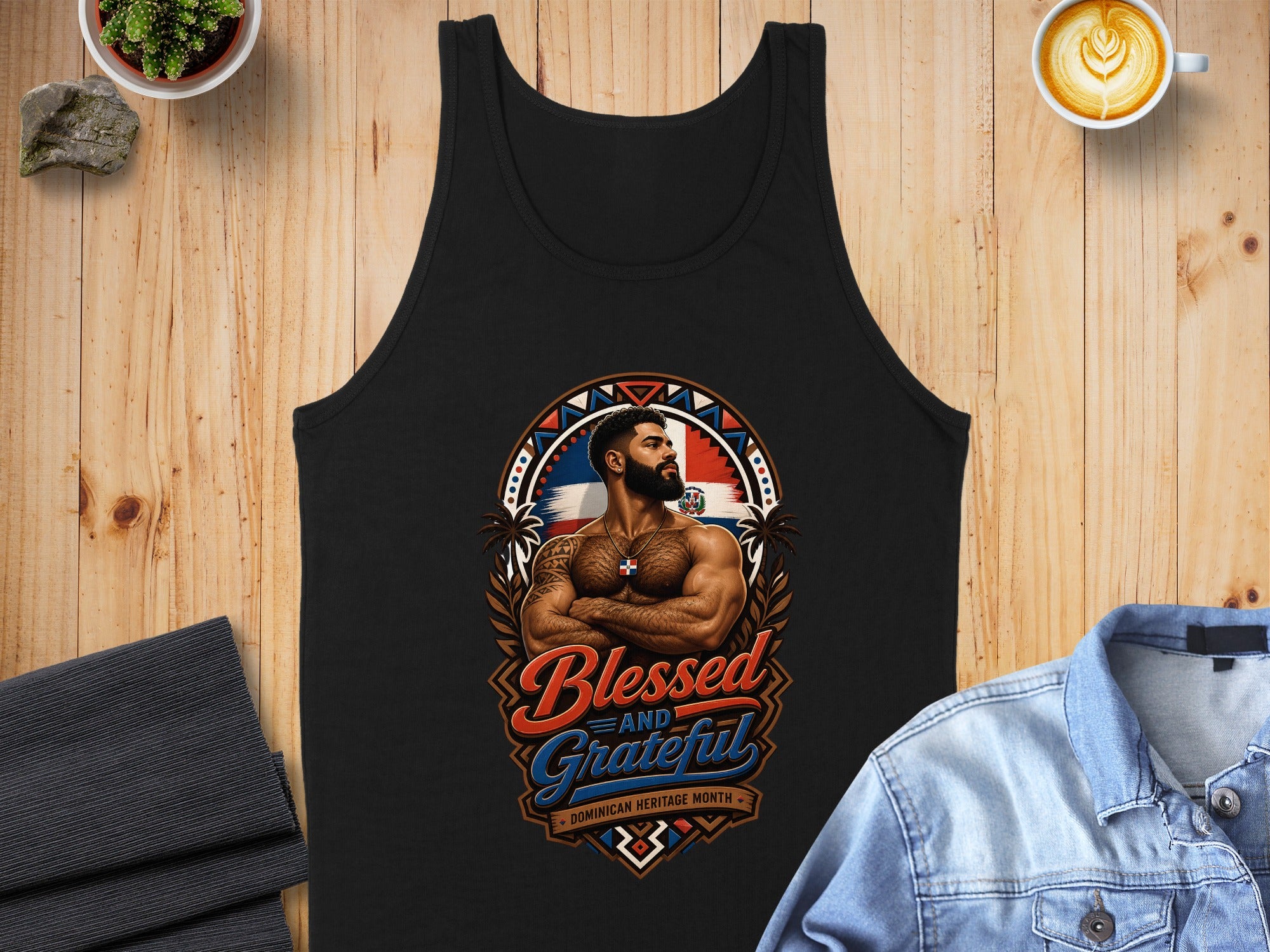 Black tank top with "Blessed and Grateful Dominican Heritage Month" graphic.
