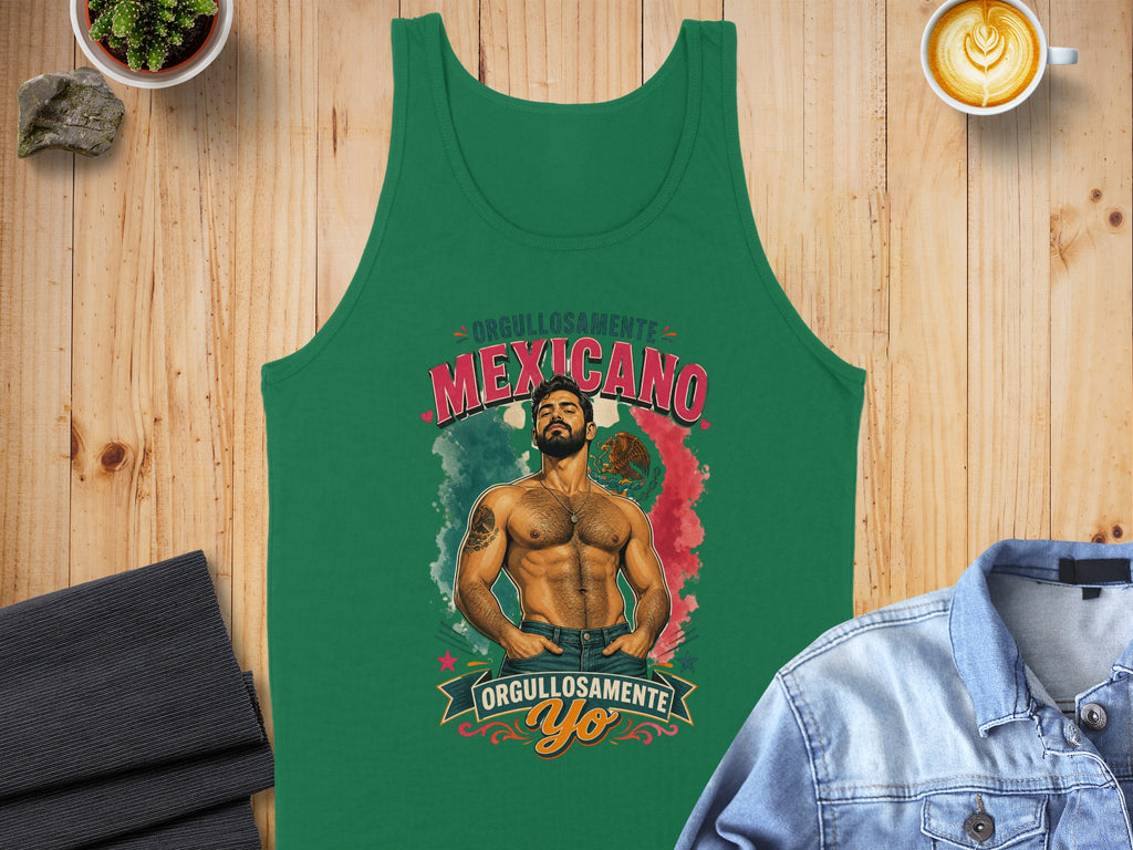 Green tank top with "Orgullosamente Mexicano" text and a muscular man.