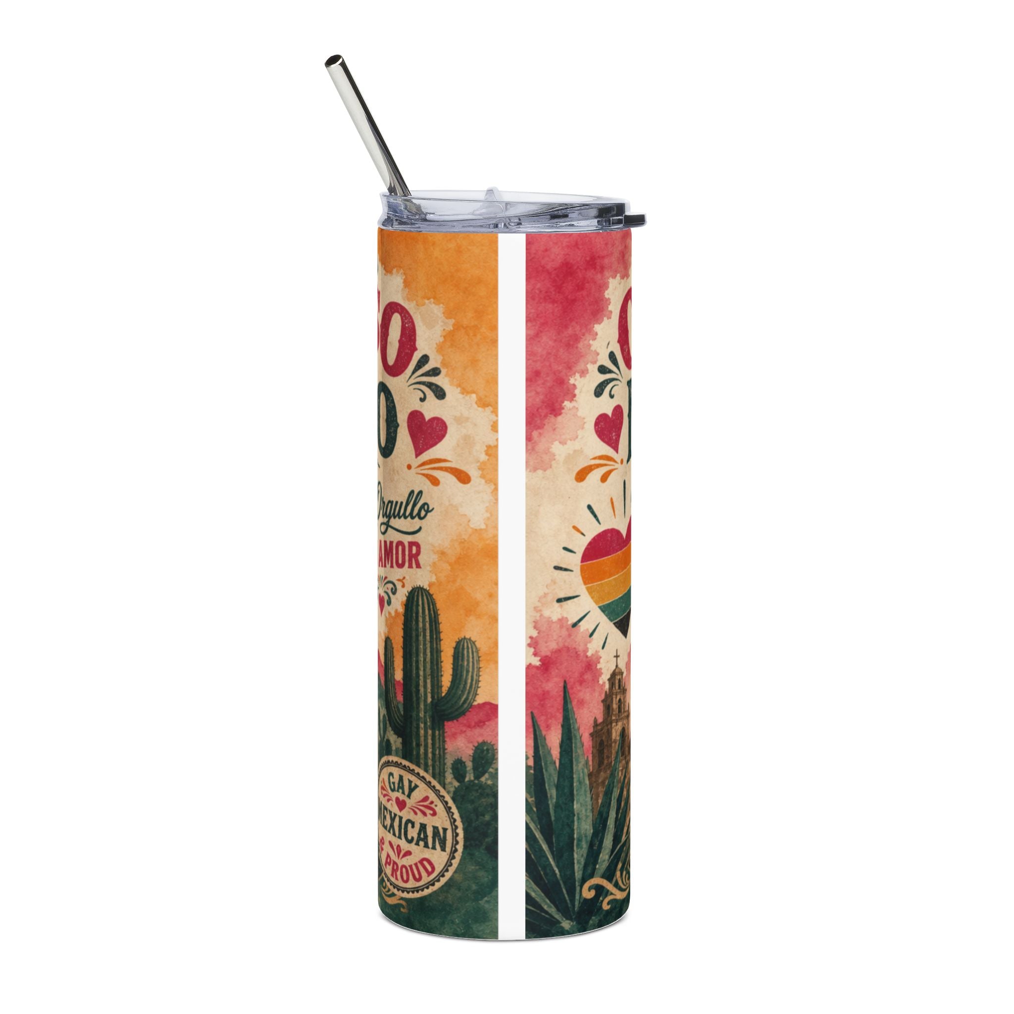 Pride and Mexican heritage tumbler with cactus and heart designs.