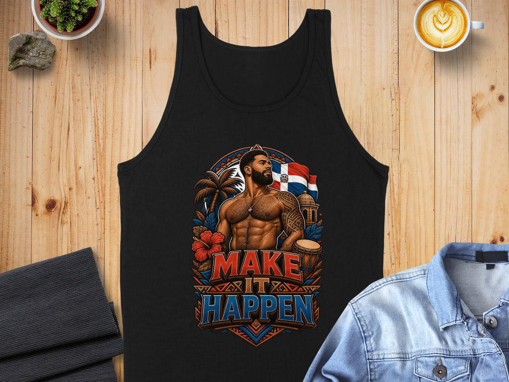 Black tank top with Dominican Republic flag and a man saying "Make It Happen".