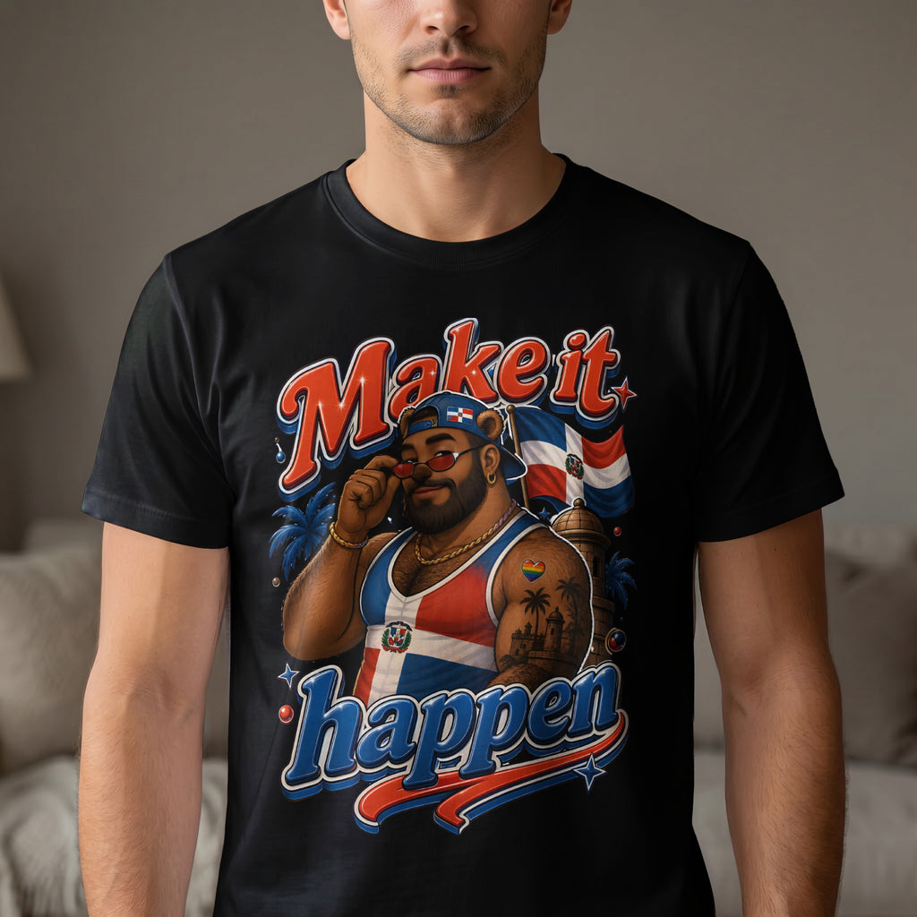 Man wearing black t-shirt with "Make it happen" text and Dominican flag design.