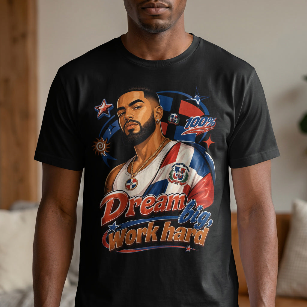 Dominican man wearing a t-shirt with the Dominican flag and "Dream Big, Work Hard" text.