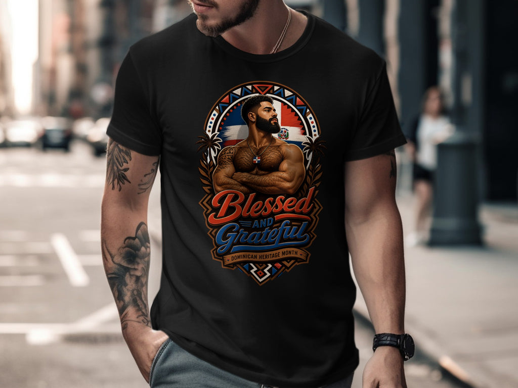 Black t-shirt with "Blessed and Blessed Dominican Heritage Month" and a man with the Dominican flag.