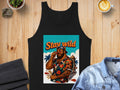 Black tank top featuring a man in sunglasses and Hawaiian shirt with "Stay wild" text.